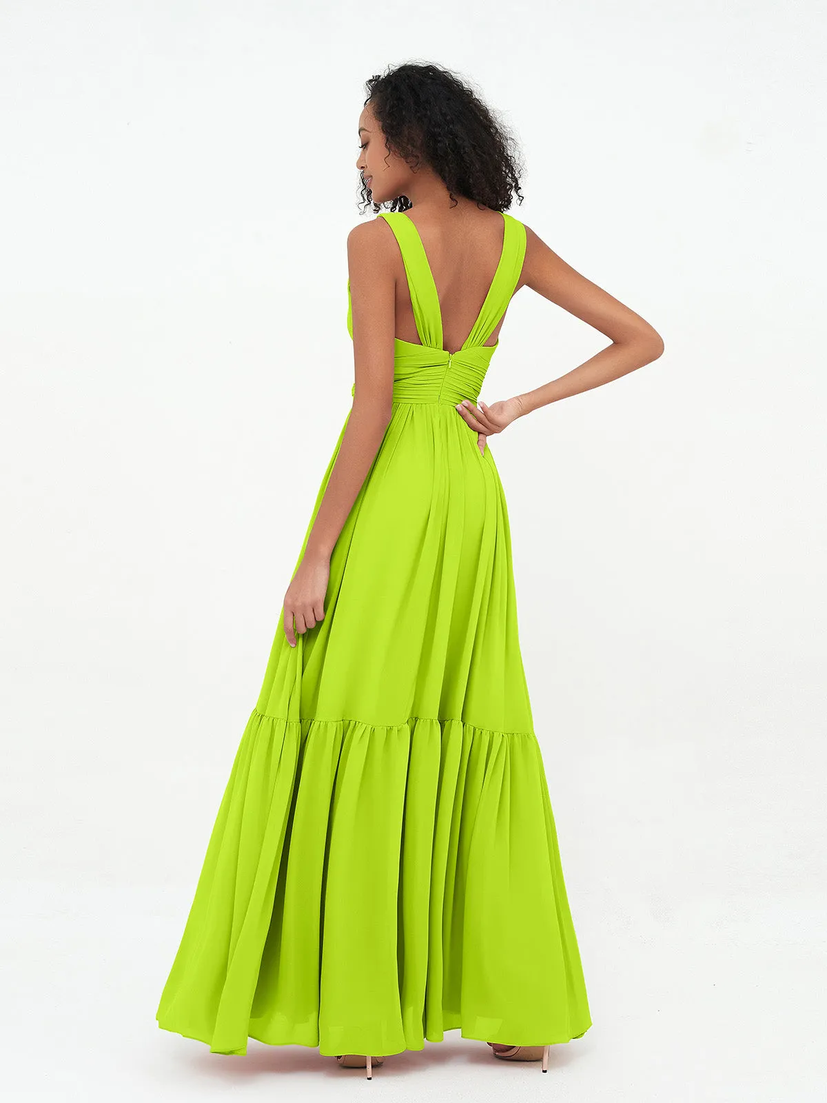 Deep-V Neck Chiffon Tiered Skirt Boho Dresses-Lime Green Plus Size