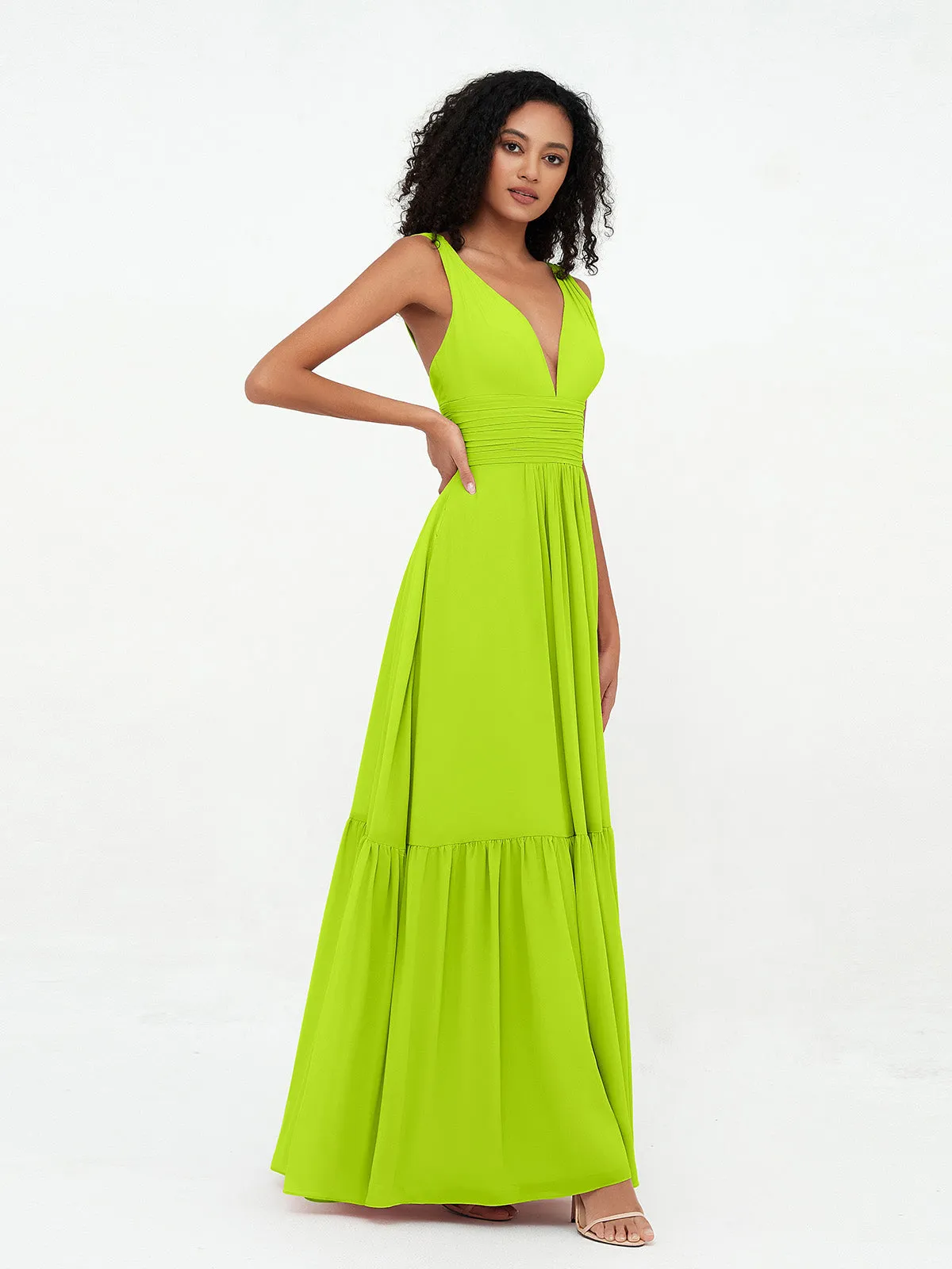 Deep-V Neck Chiffon Tiered Skirt Boho Dresses-Lime Green Plus Size