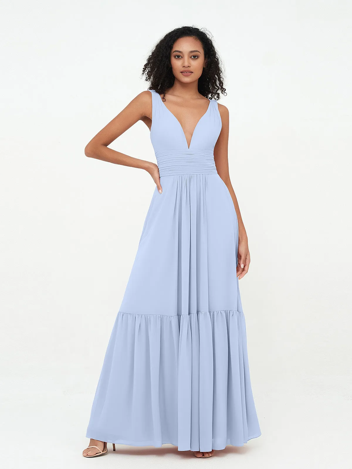 Deep-V Neck Chiffon Tiered Skirt Boho Dresses-Sky Blue Plus Size