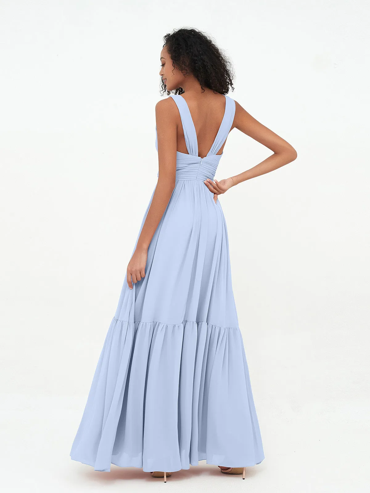 Deep-V Neck Chiffon Tiered Skirt Boho Dresses-Sky Blue Plus Size