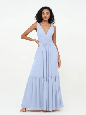 Deep-V Neck Chiffon Tiered Skirt Boho Dresses-Sky Blue Plus Size