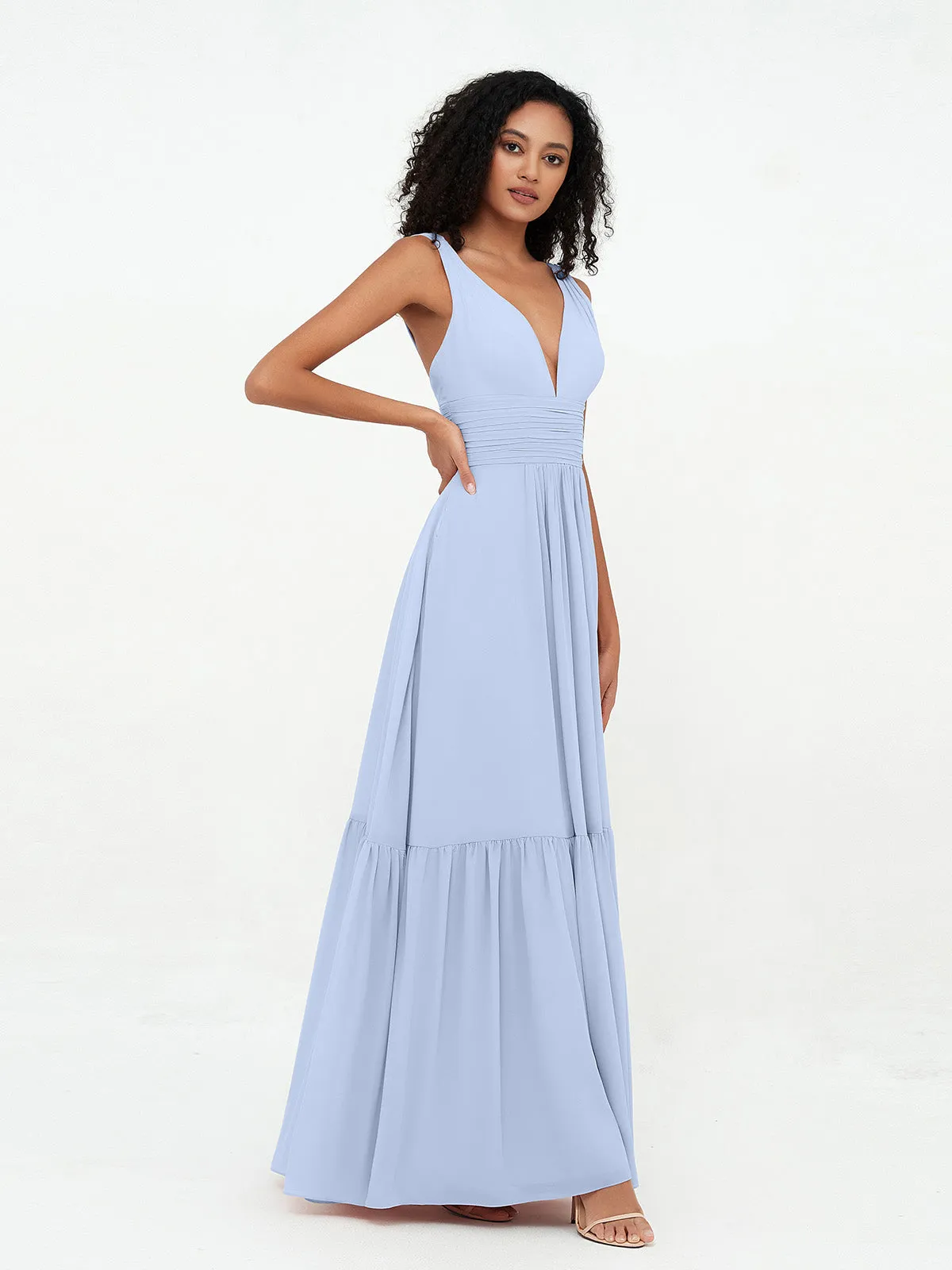 Deep-V Neck Chiffon Tiered Skirt Boho Dresses-Sky Blue Plus Size