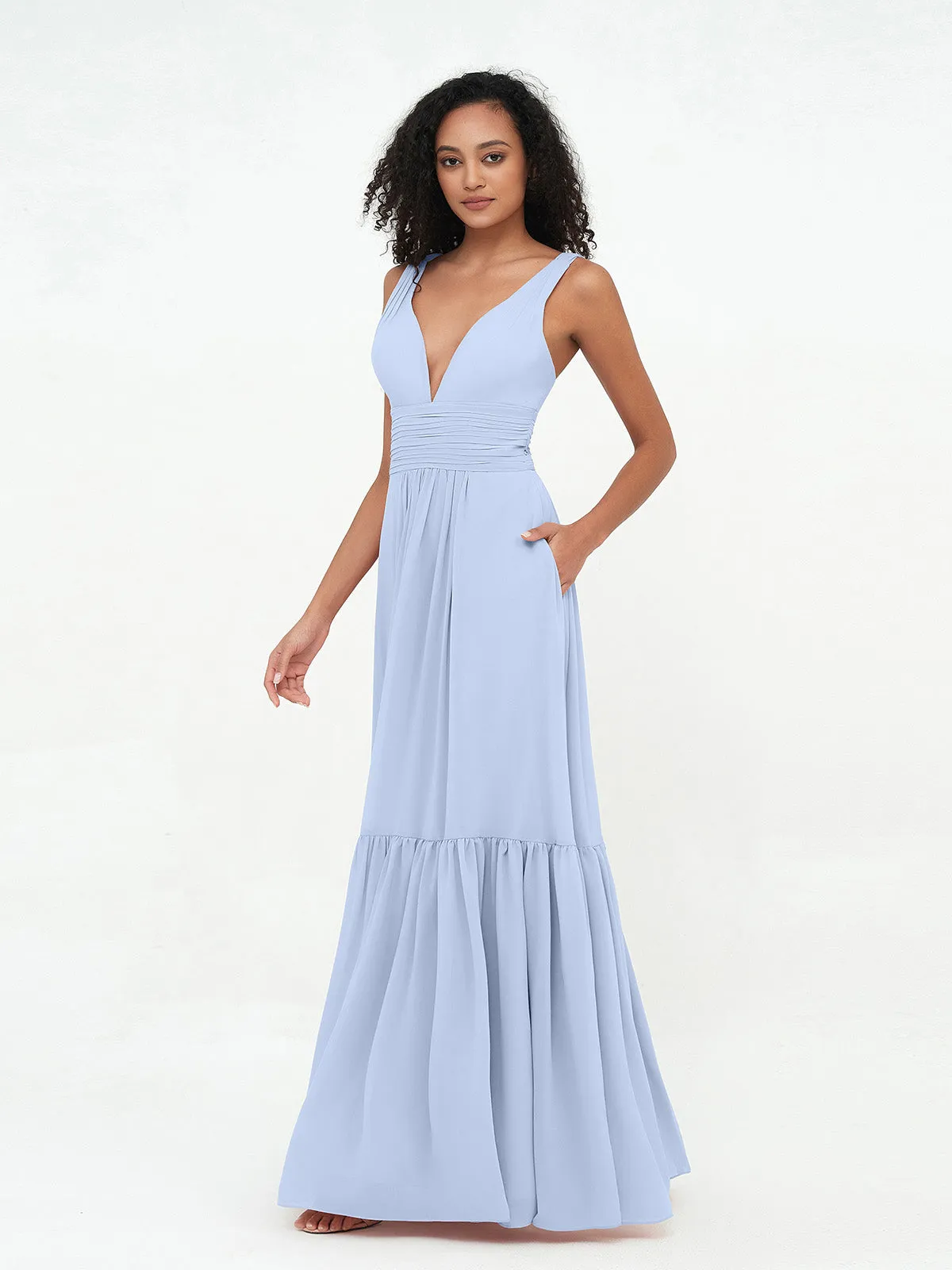 Deep-V Neck Chiffon Tiered Skirt Boho Dresses-Sky Blue Plus Size