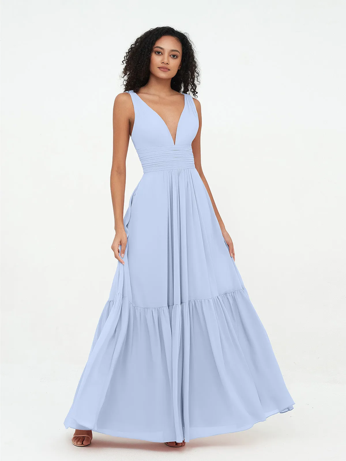 Deep-V Neck Chiffon Tiered Skirt Boho Dresses-Sky Blue Plus Size