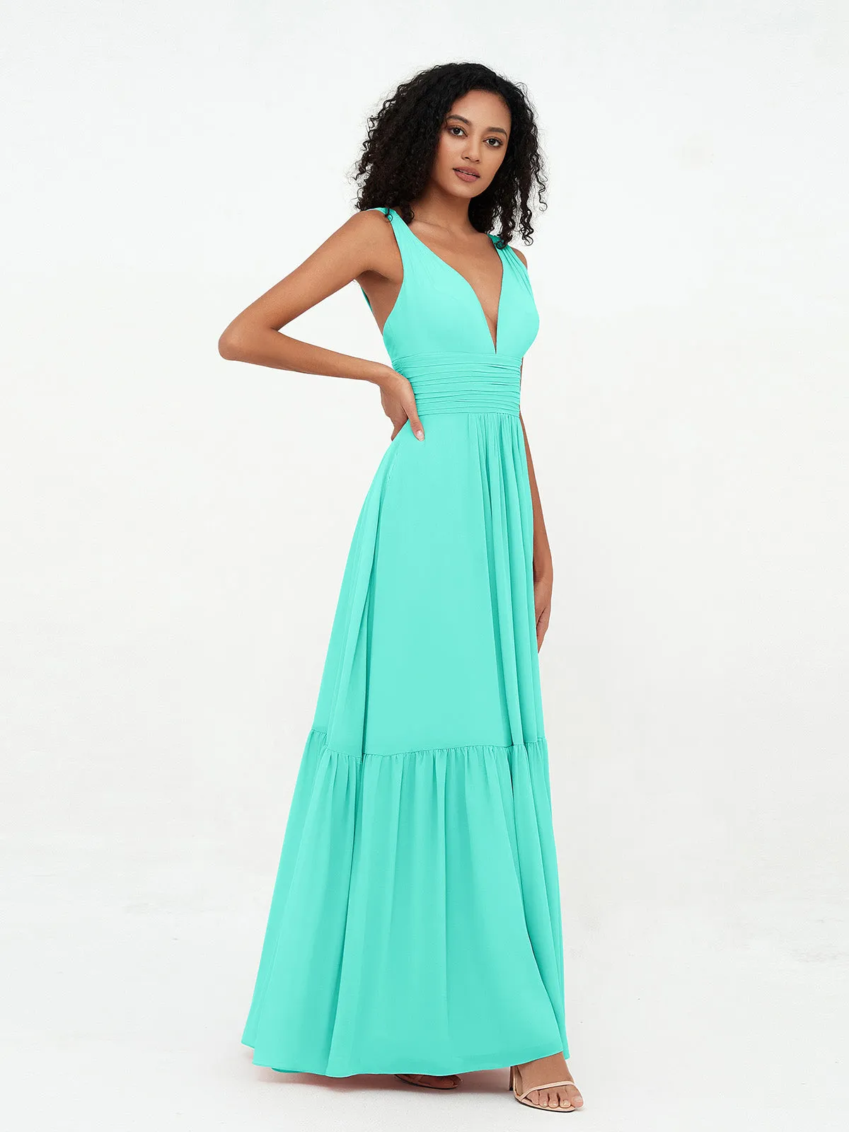 Deep-V Neck Chiffon Tiered Skirt Boho Dresses-Spa Plus Size