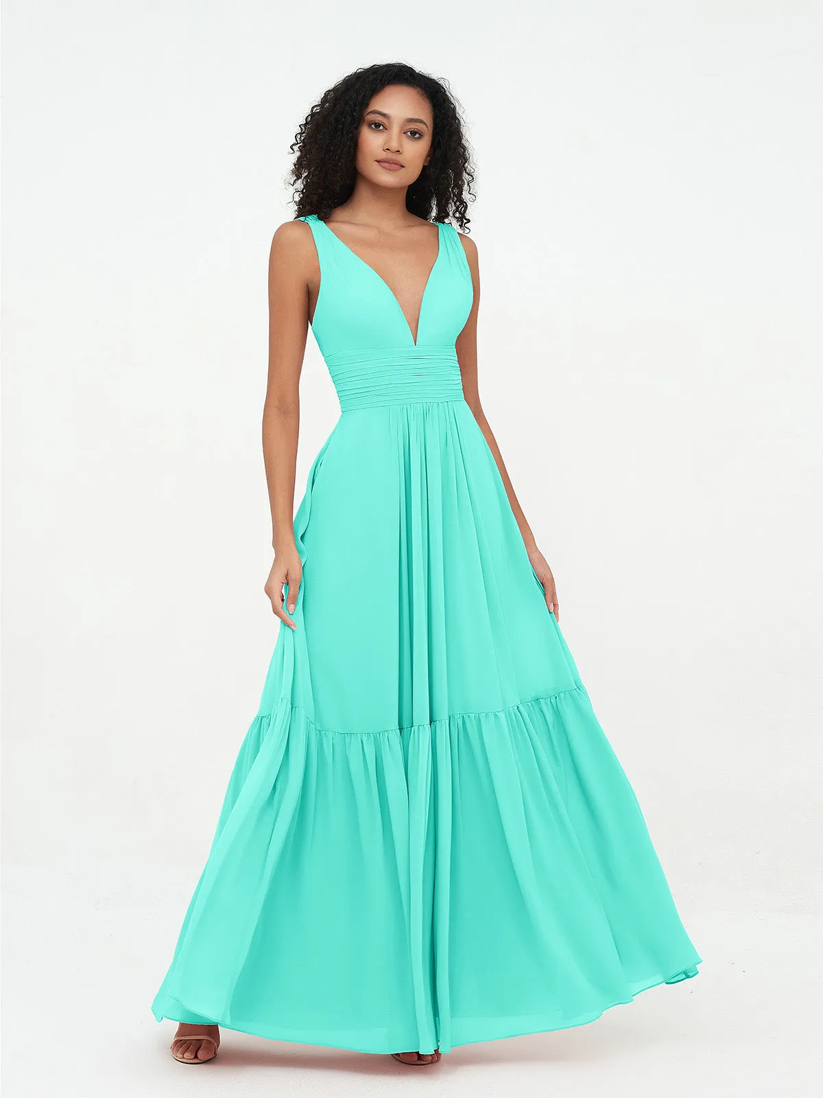 Deep-V Neck Chiffon Tiered Skirt Boho Dresses-Spa Plus Size