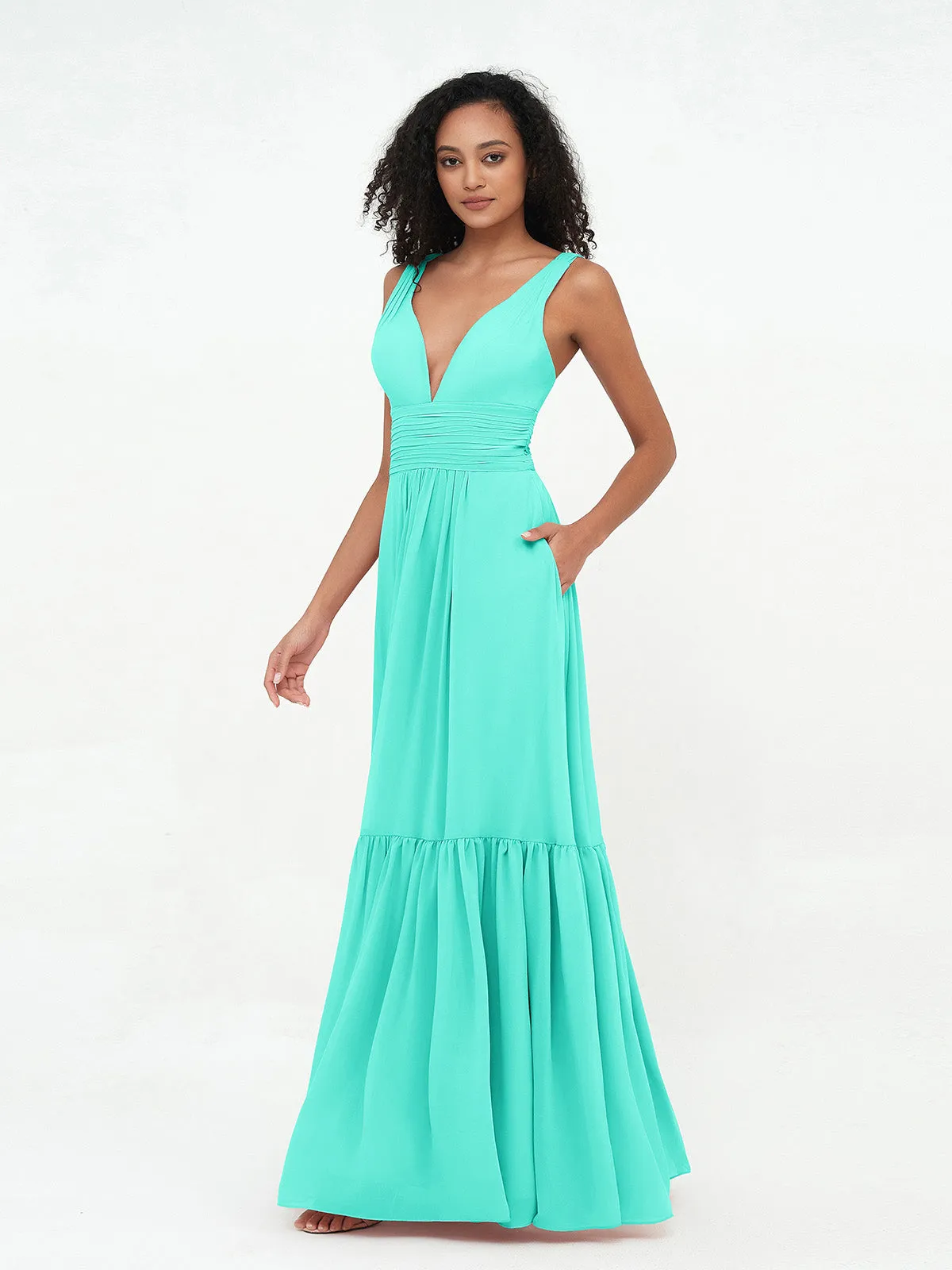 Deep-V Neck Chiffon Tiered Skirt Boho Dresses-Spa Plus Size