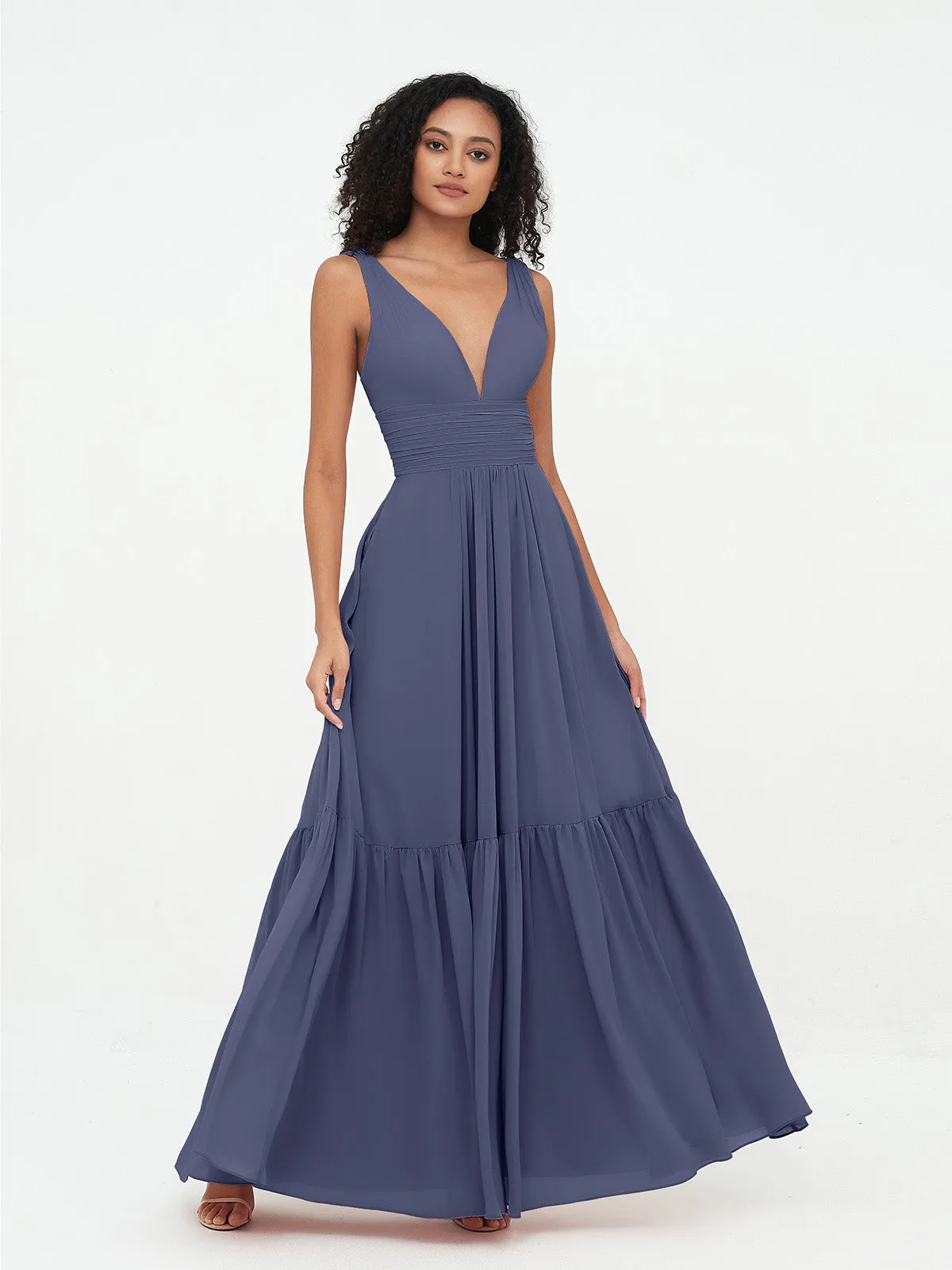 Deep-V Neck Chiffon Tiered Skirt Boho Dresses-Stormy