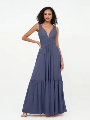 Deep-V Neck Chiffon Tiered Skirt Boho Dresses-Stormy