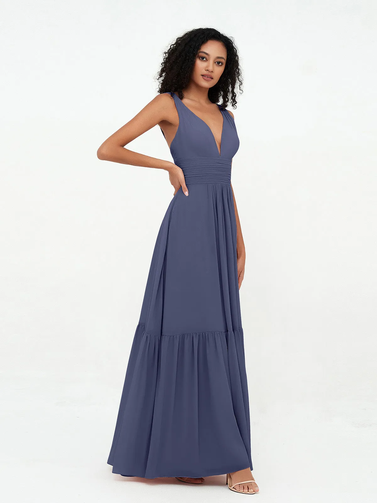 Deep-V Neck Chiffon Tiered Skirt Boho Dresses-Stormy