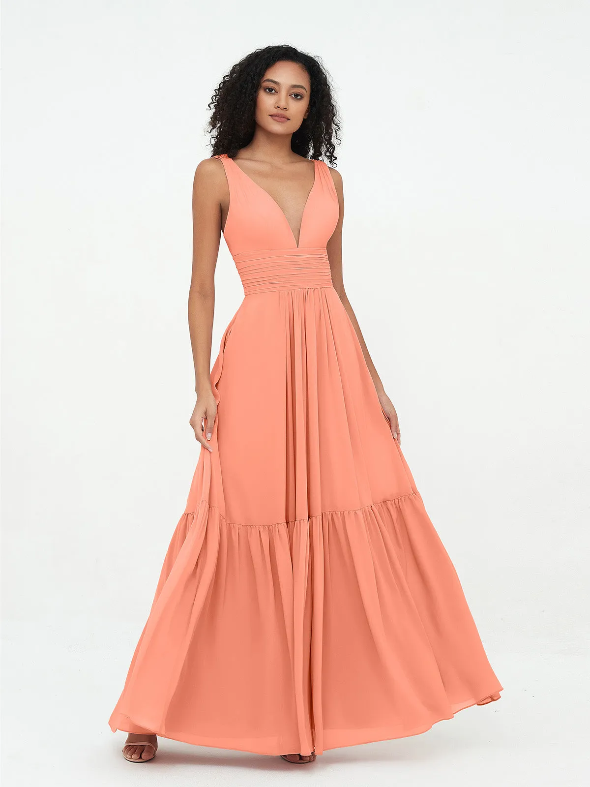 Deep-V Neck Chiffon Tiered Skirt Boho Dresses-Sunset Plus Size