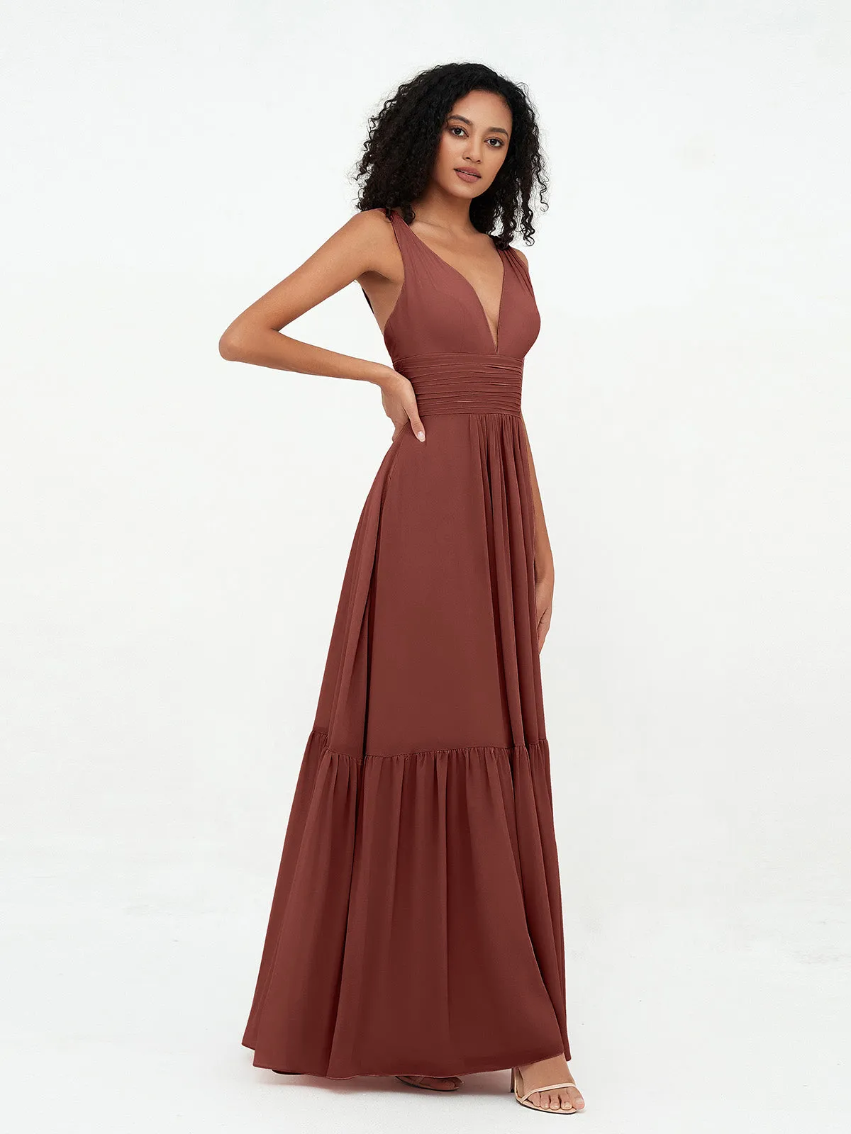 Deep-V Neck Chiffon Tiered Skirt Boho Dresses-Terracotta Plus Size