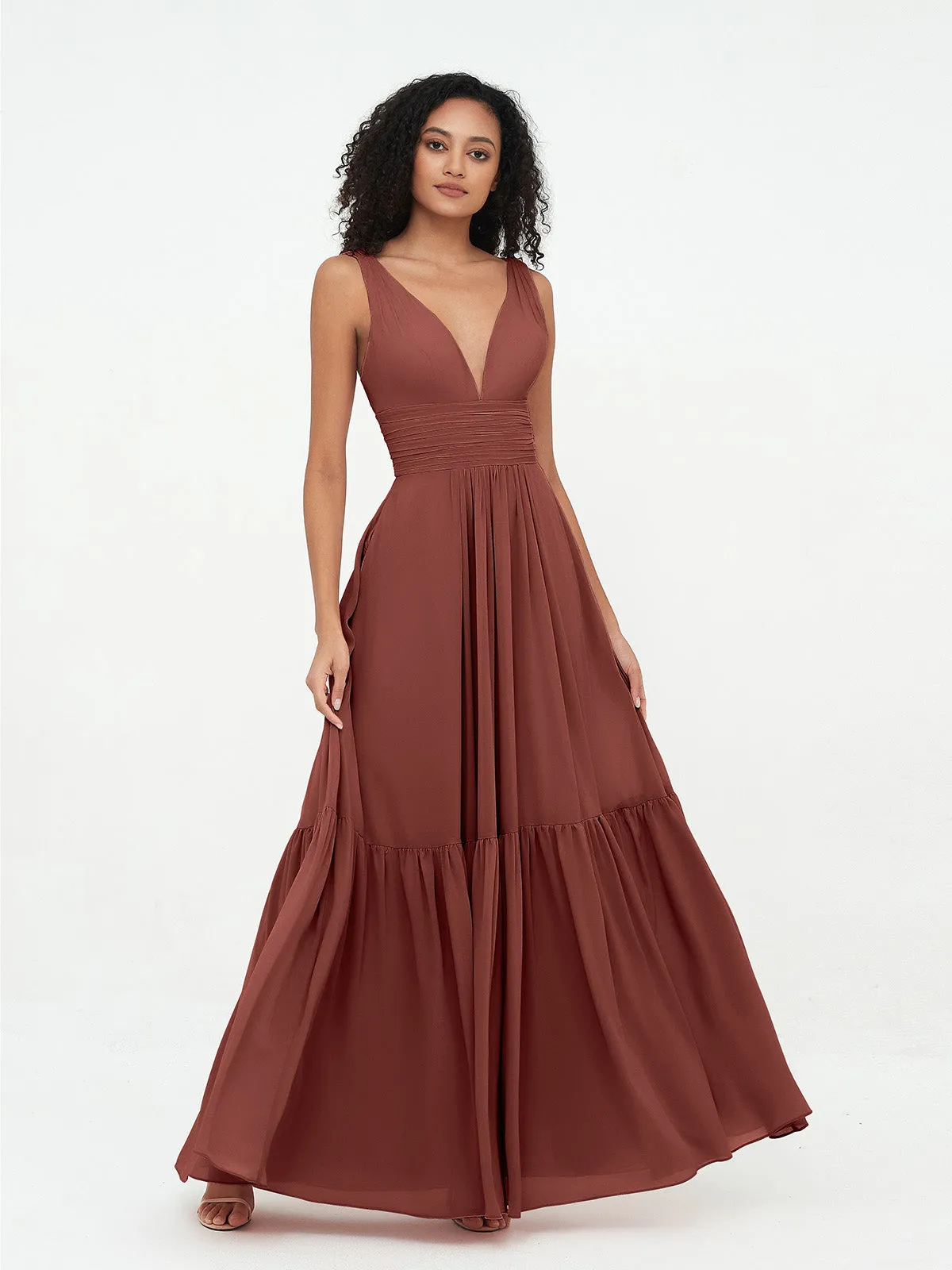 Deep-V Neck Chiffon Tiered Skirt Boho Dresses-Terracotta Plus Size