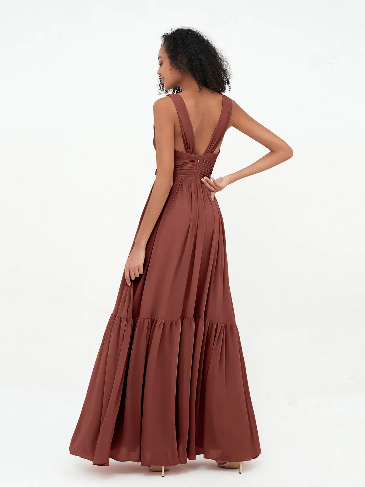 Deep-V Neck Chiffon Tiered Skirt Boho Dresses-Terracotta Plus Size