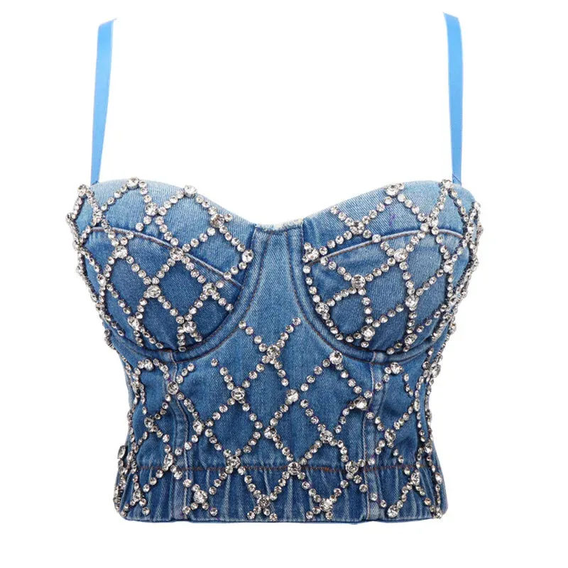 Denim Shaping Cami Body Sleeveless Tee Summer Crop Bustiers Blue Rhinestone Elastic Sparkly Top