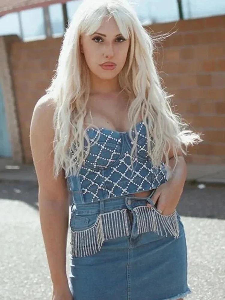 Denim Shaping Cami Body Sleeveless Tee Summer Crop Bustiers Blue Rhinestone Elastic Sparkly Top