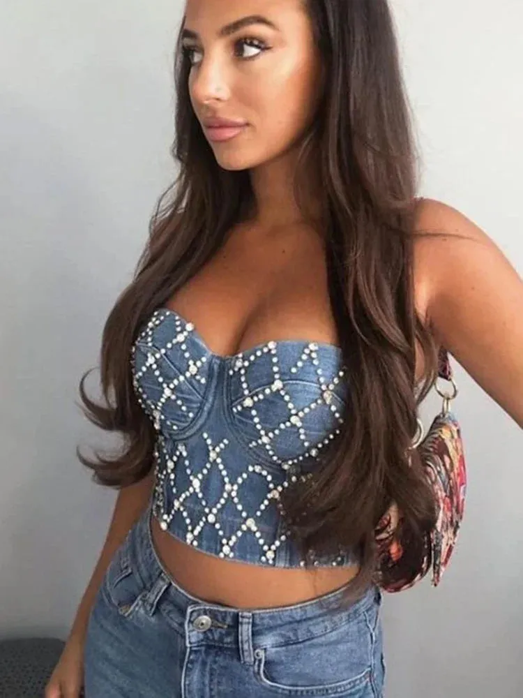 Denim Shaping Cami Body Sleeveless Tee Summer Crop Bustiers Blue Rhinestone Elastic Sparkly Top