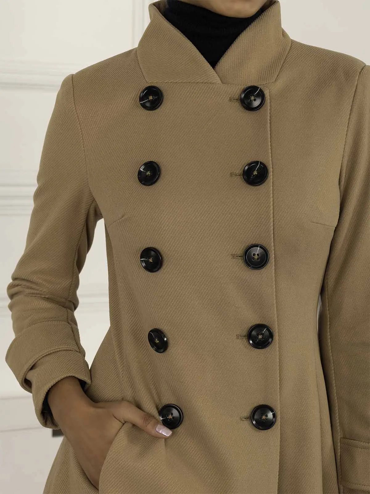 Double Breasted Button Detail Fit And Flare Coat, Camel