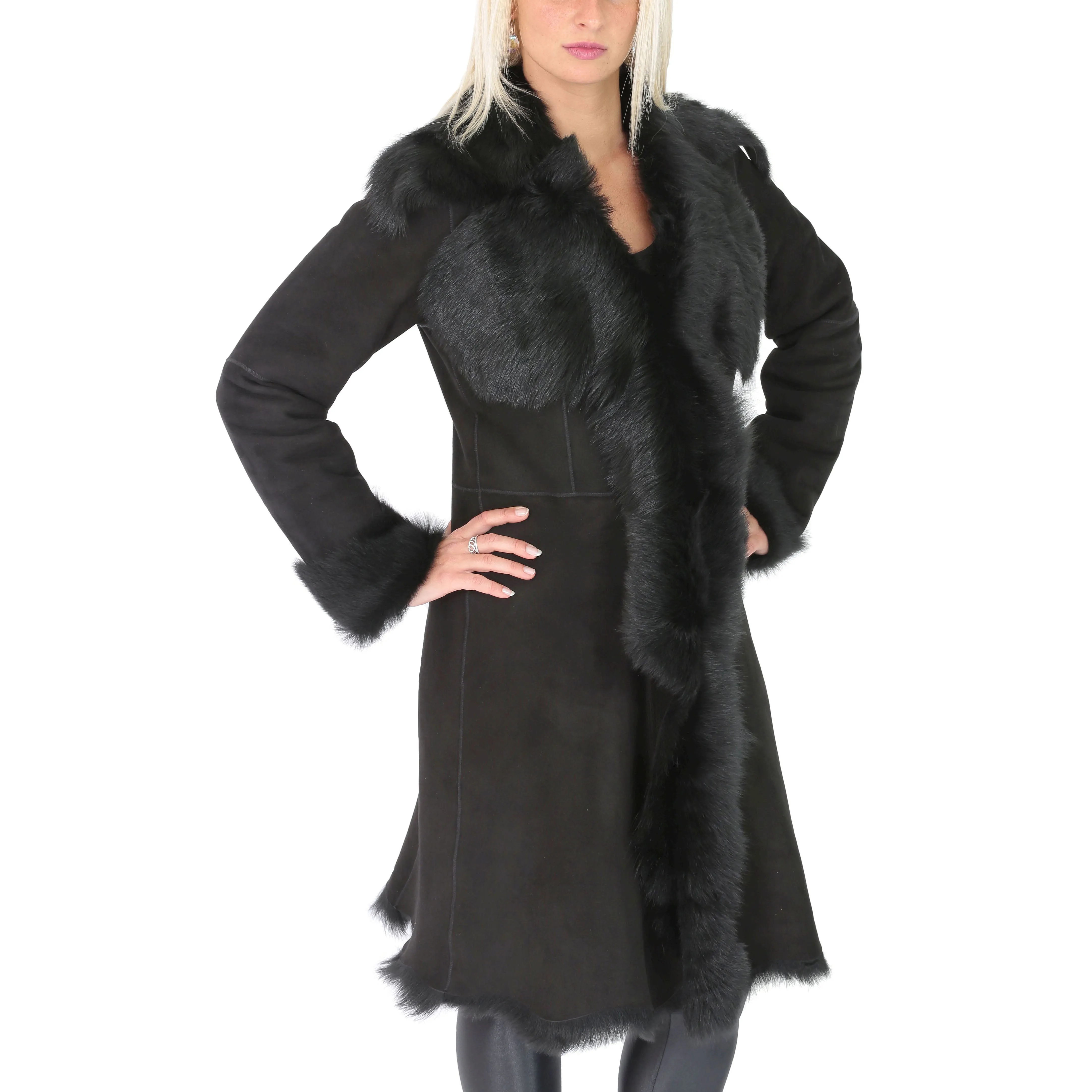 DR220 Women's Shearling Long Italian Sheepskin Leather Coat Black