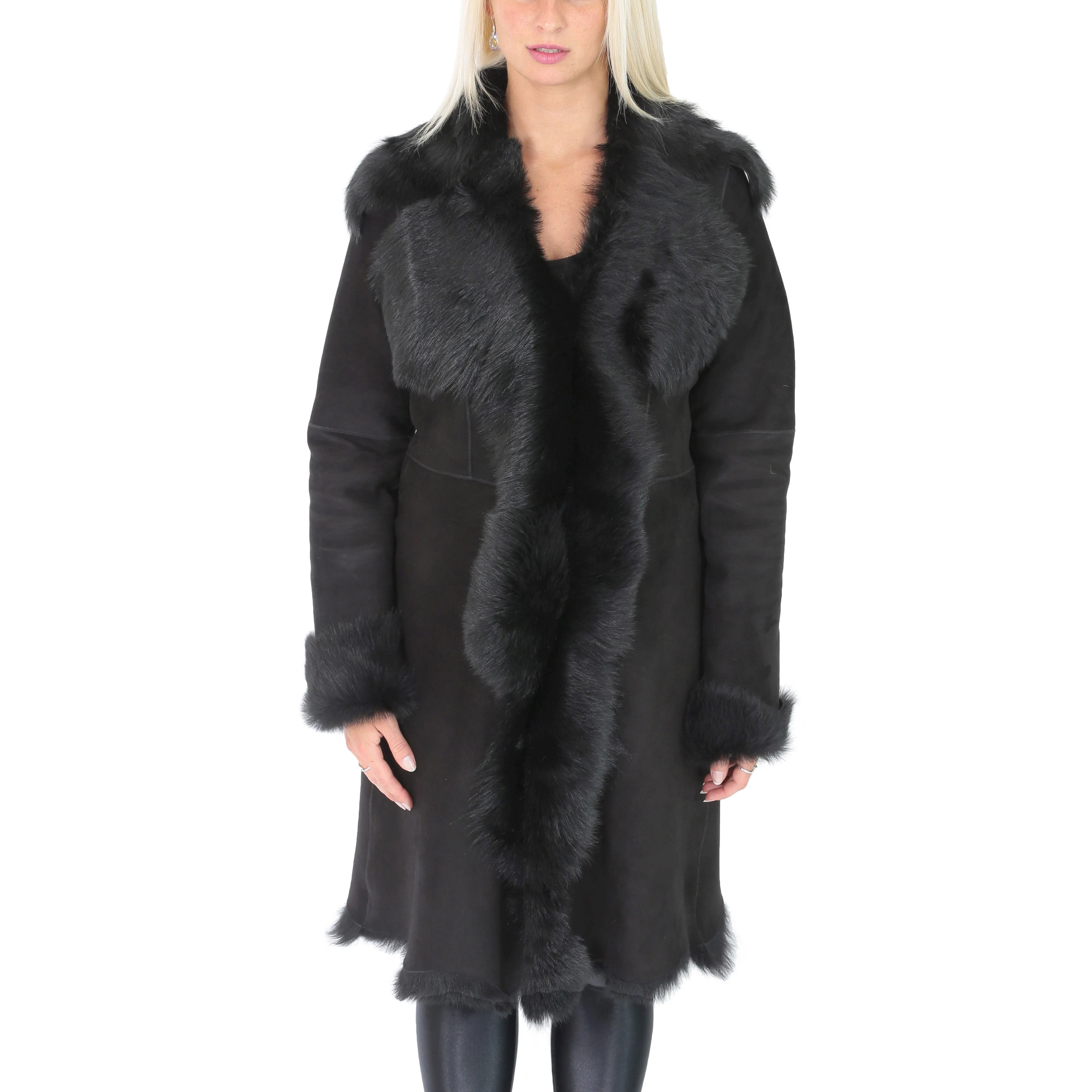 DR220 Women's Shearling Long Italian Sheepskin Leather Coat Black