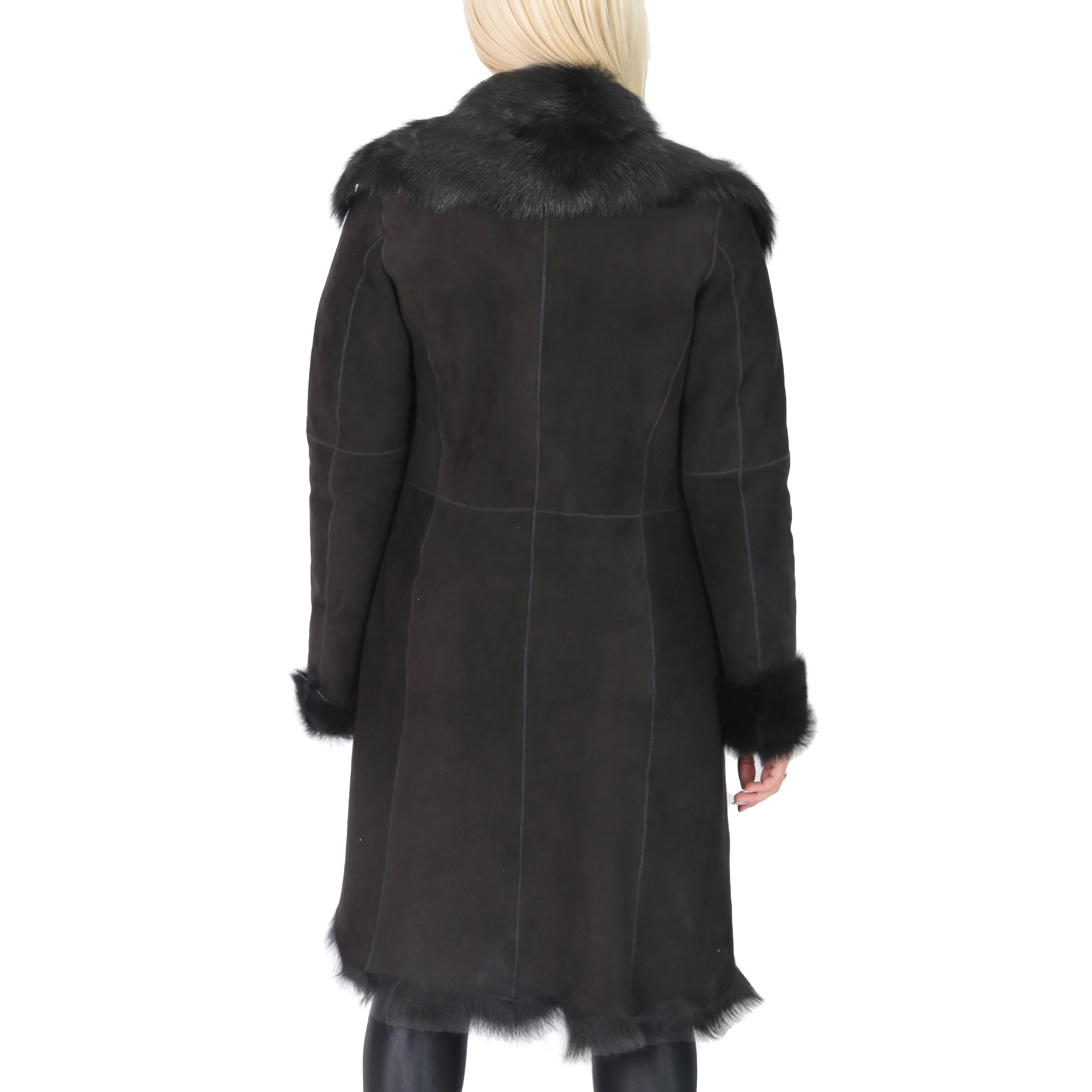 DR220 Women's Shearling Long Italian Sheepskin Leather Coat Black
