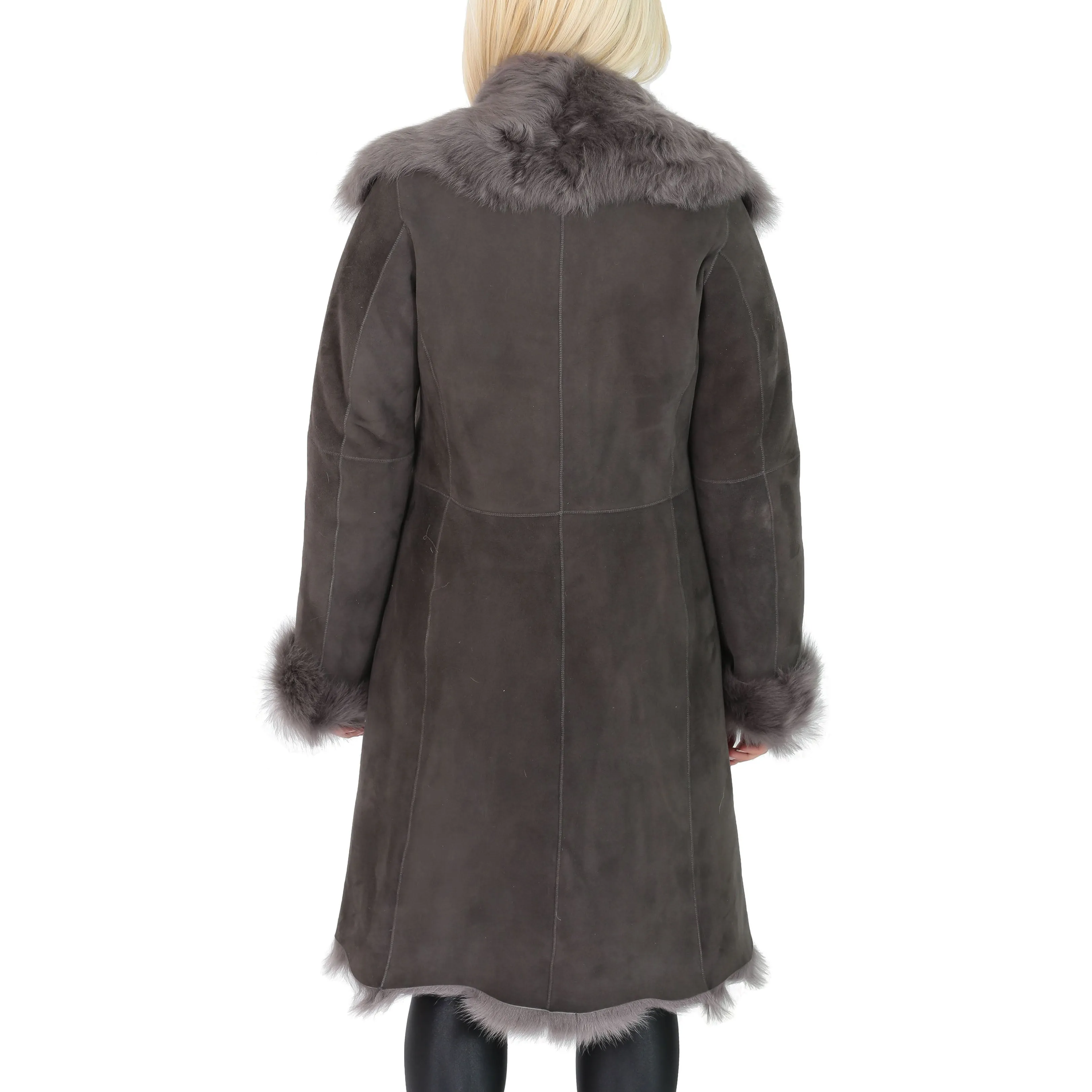DR220 Women's Shearling Long Italian Sheepskin Leather Coat Grey