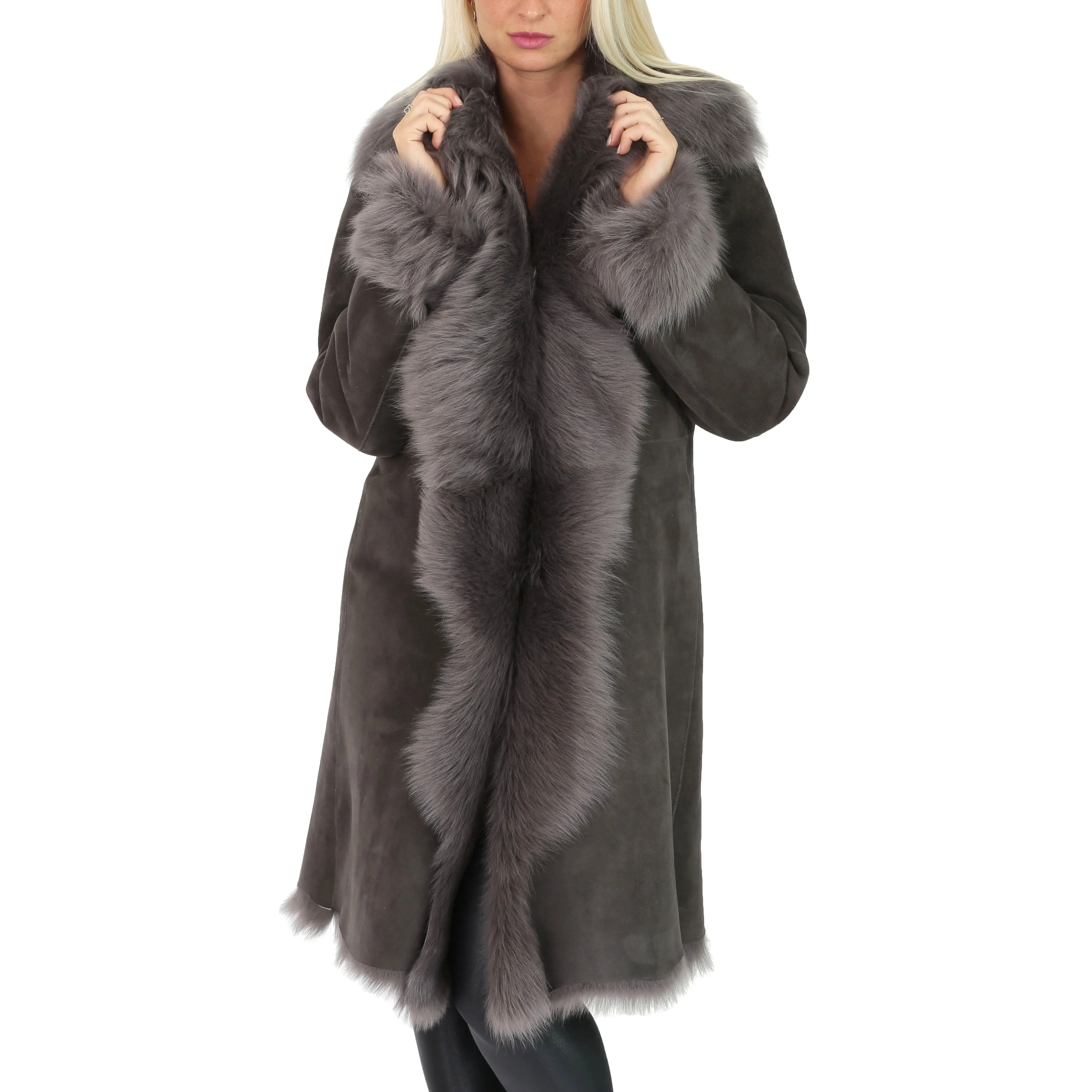 DR220 Women's Shearling Long Italian Sheepskin Leather Coat Grey
