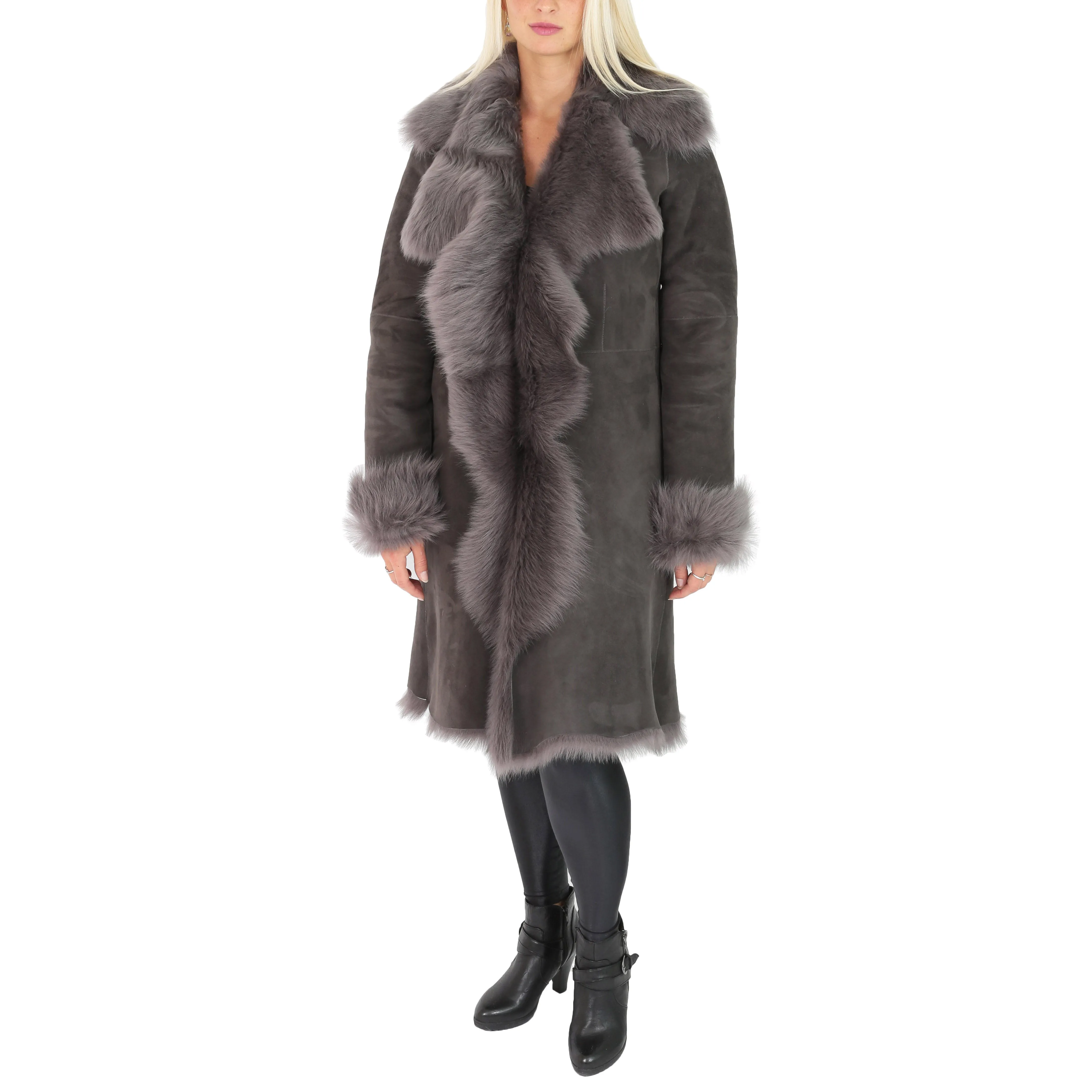 DR220 Women's Shearling Long Italian Sheepskin Leather Coat Grey