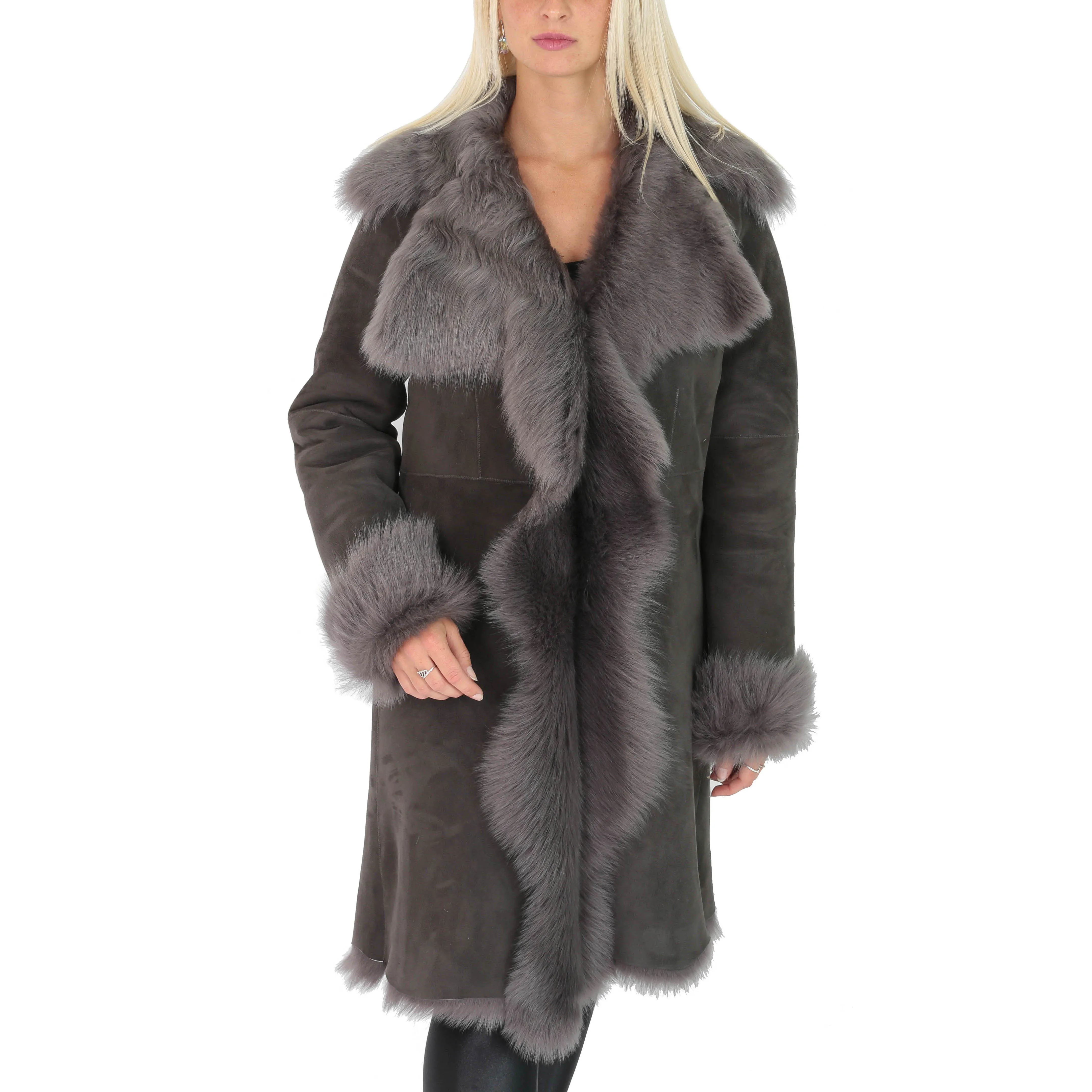 DR220 Women's Shearling Long Italian Sheepskin Leather Coat Grey