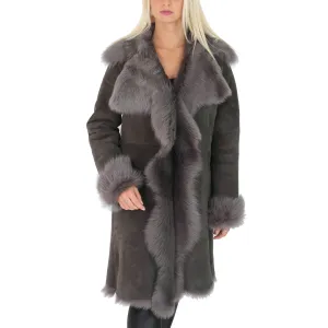 DR220 Women's Shearling Long Italian Sheepskin Leather Coat Grey