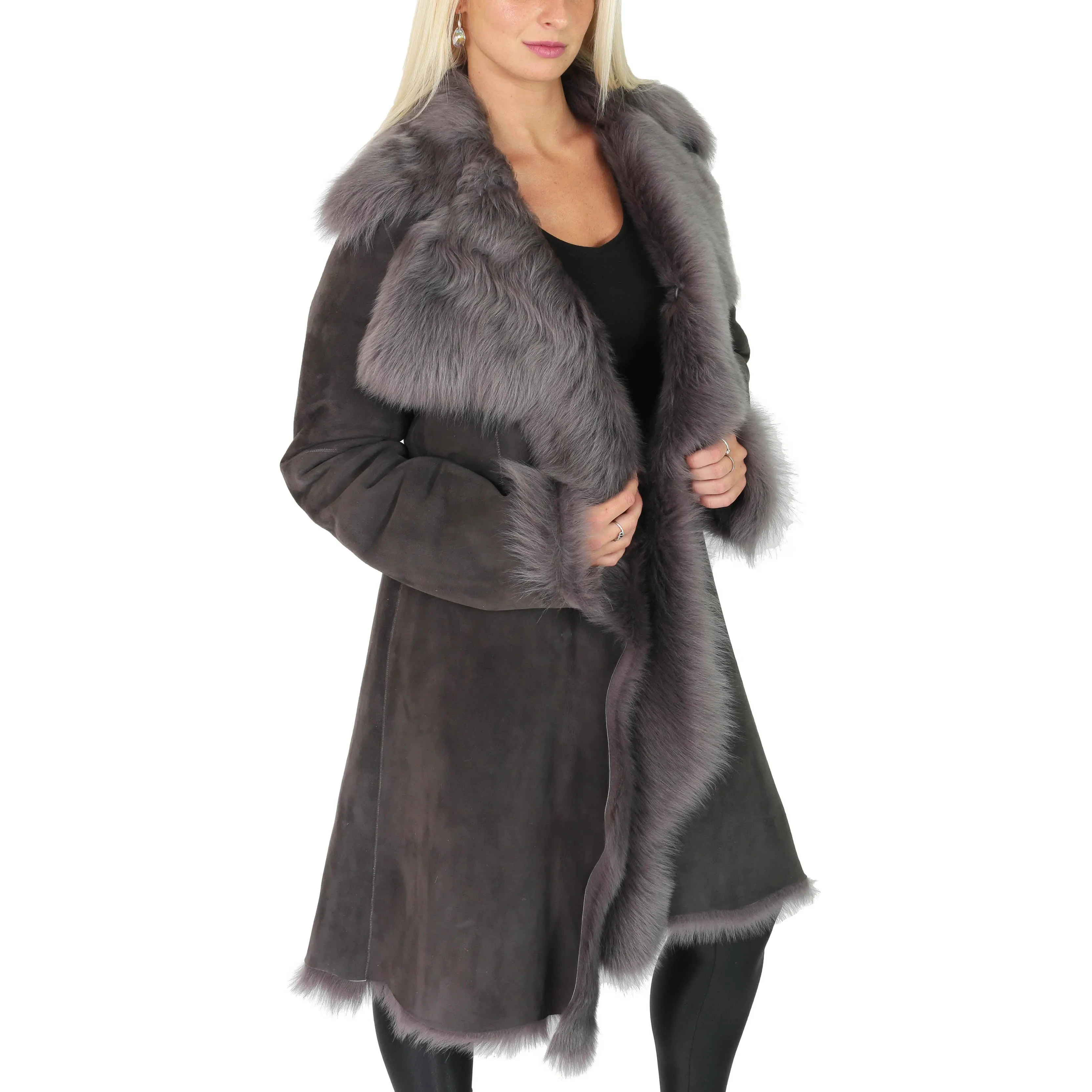 DR220 Women's Shearling Long Italian Sheepskin Leather Coat Grey