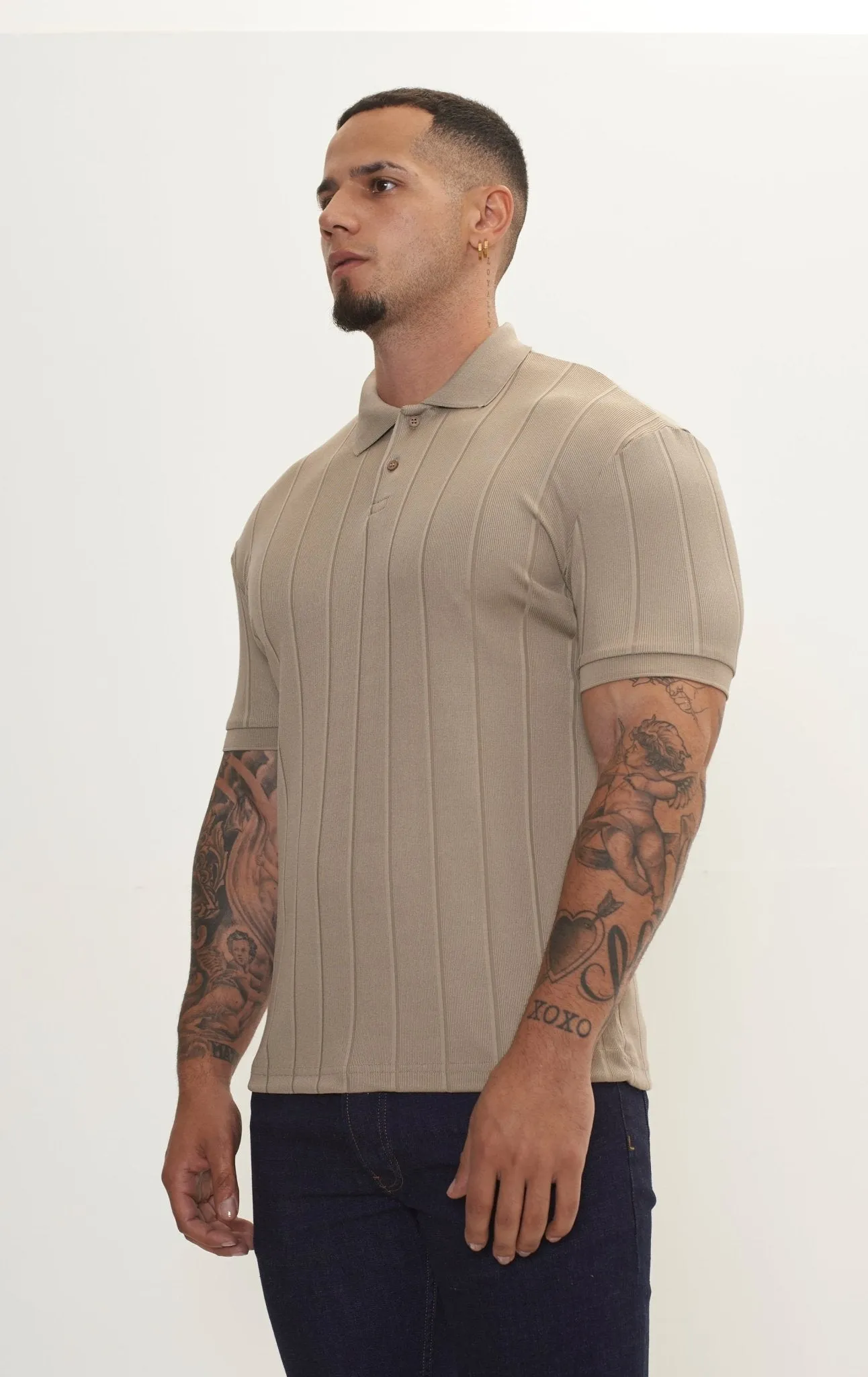 Fine Ribbed Polo Shirt - Dark Beige