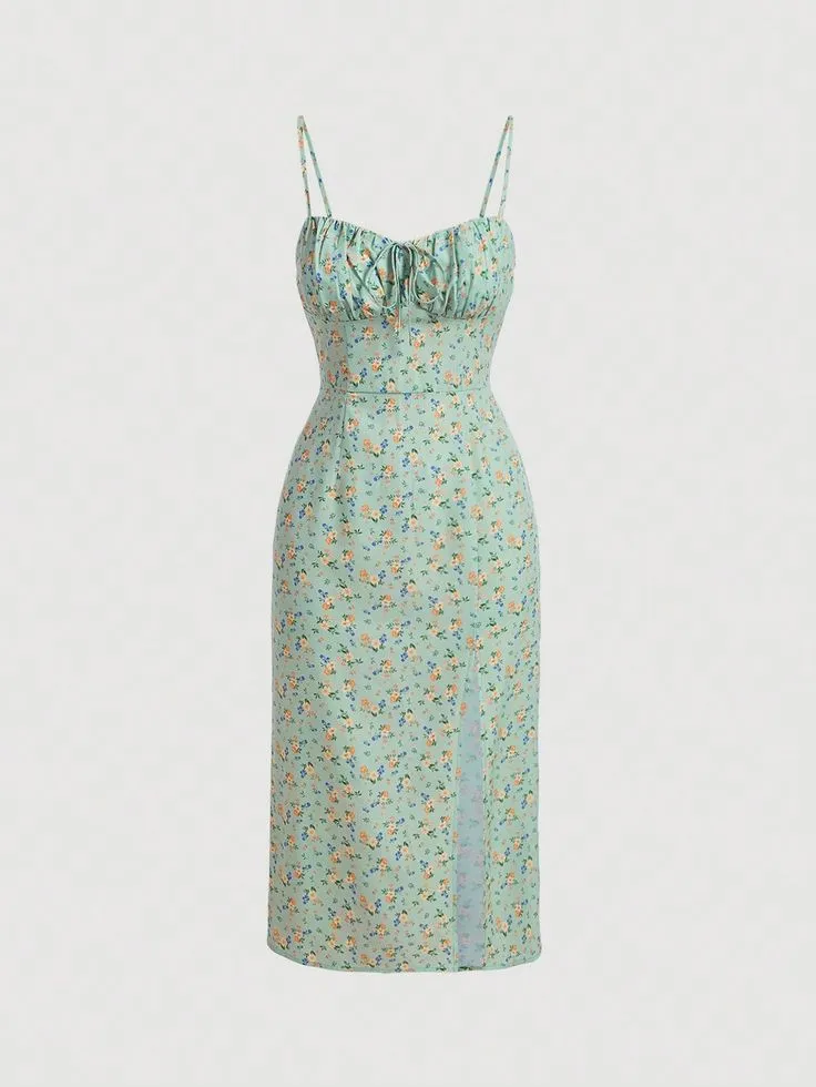 Flytonn- Floral Bust Strap Slit Midi Sundress