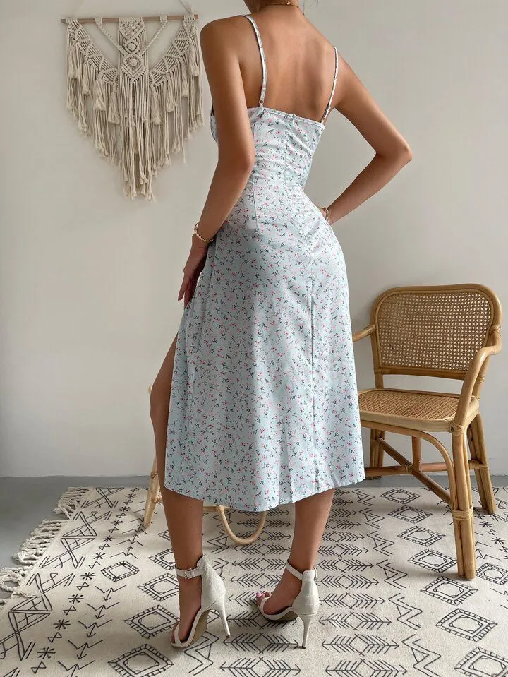 Flytonn- Floral Bust Strap Slit Midi Sundress