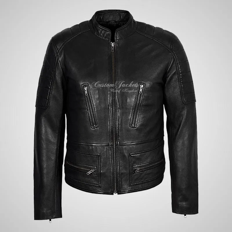 FONSO Men's Leather Biker Jacket Black