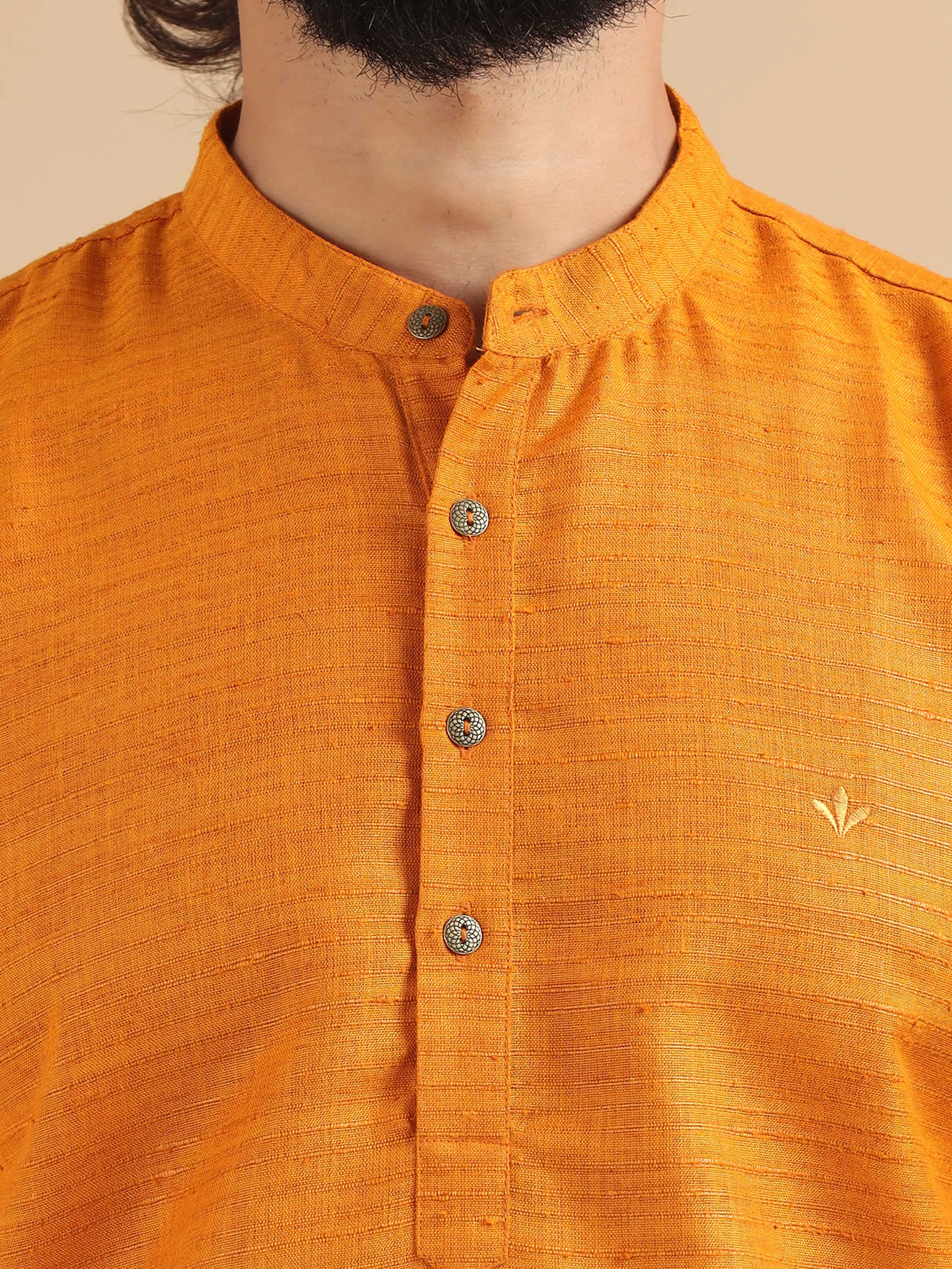 Golden Yellow Self Textured Short Kurta