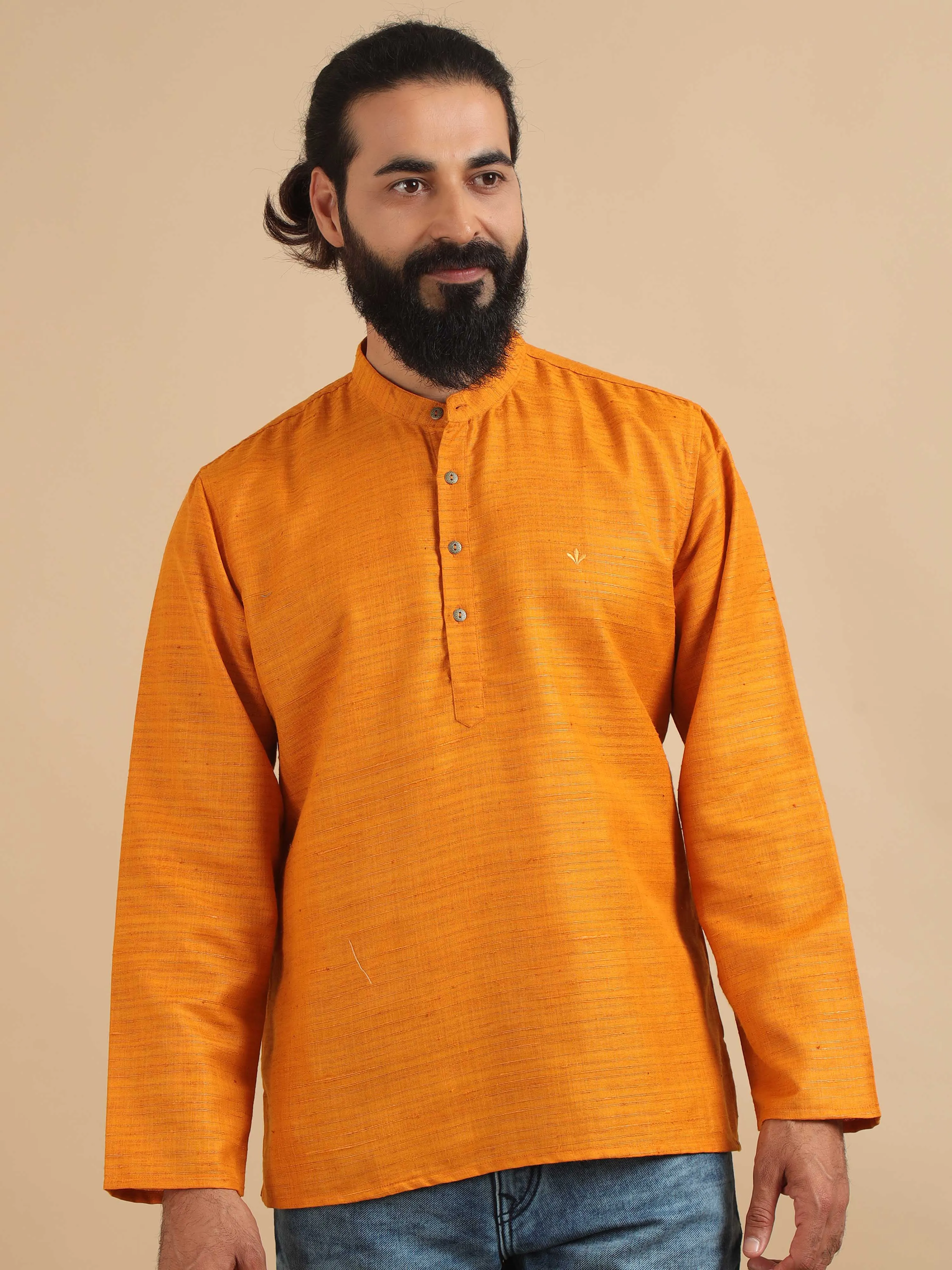 Golden Yellow Self Textured Short Kurta