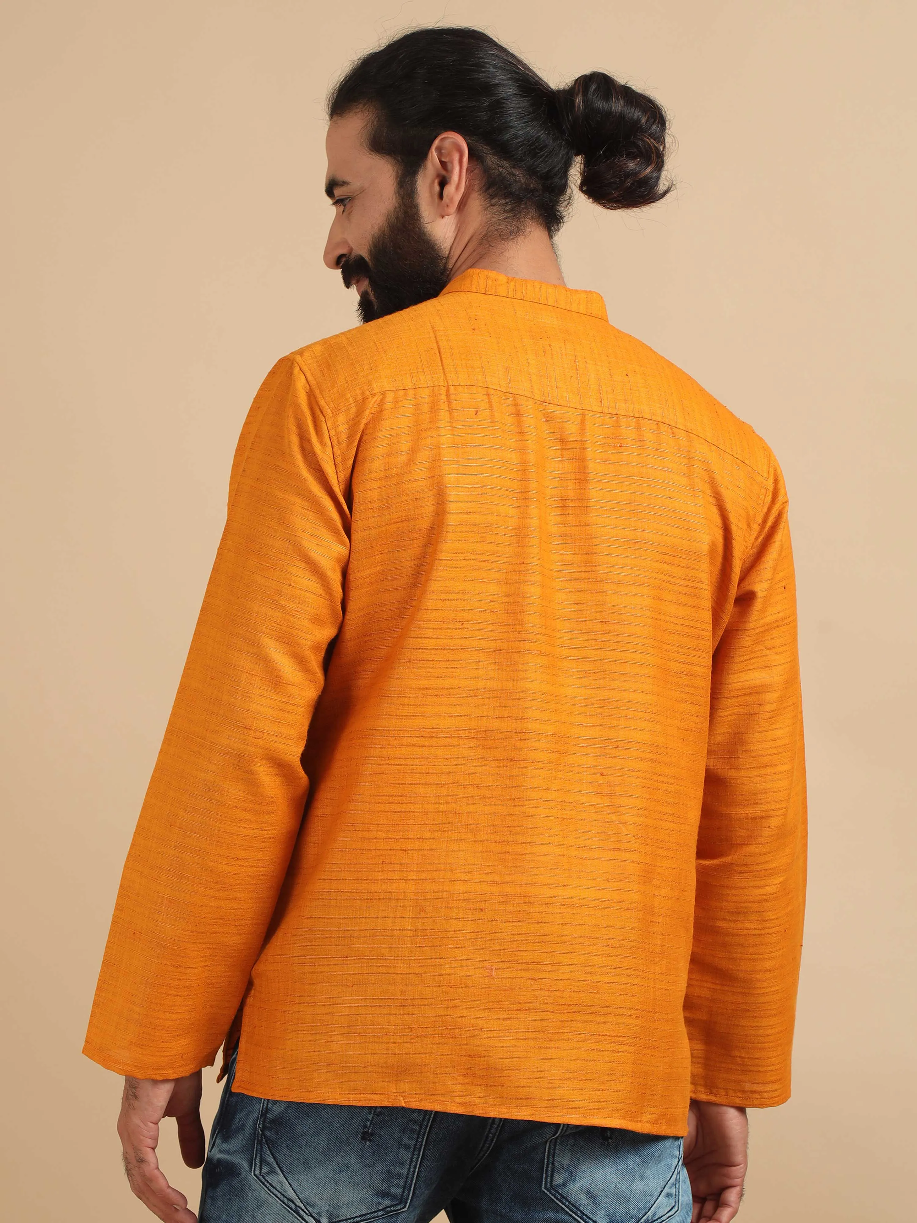 Golden Yellow Self Textured Short Kurta
