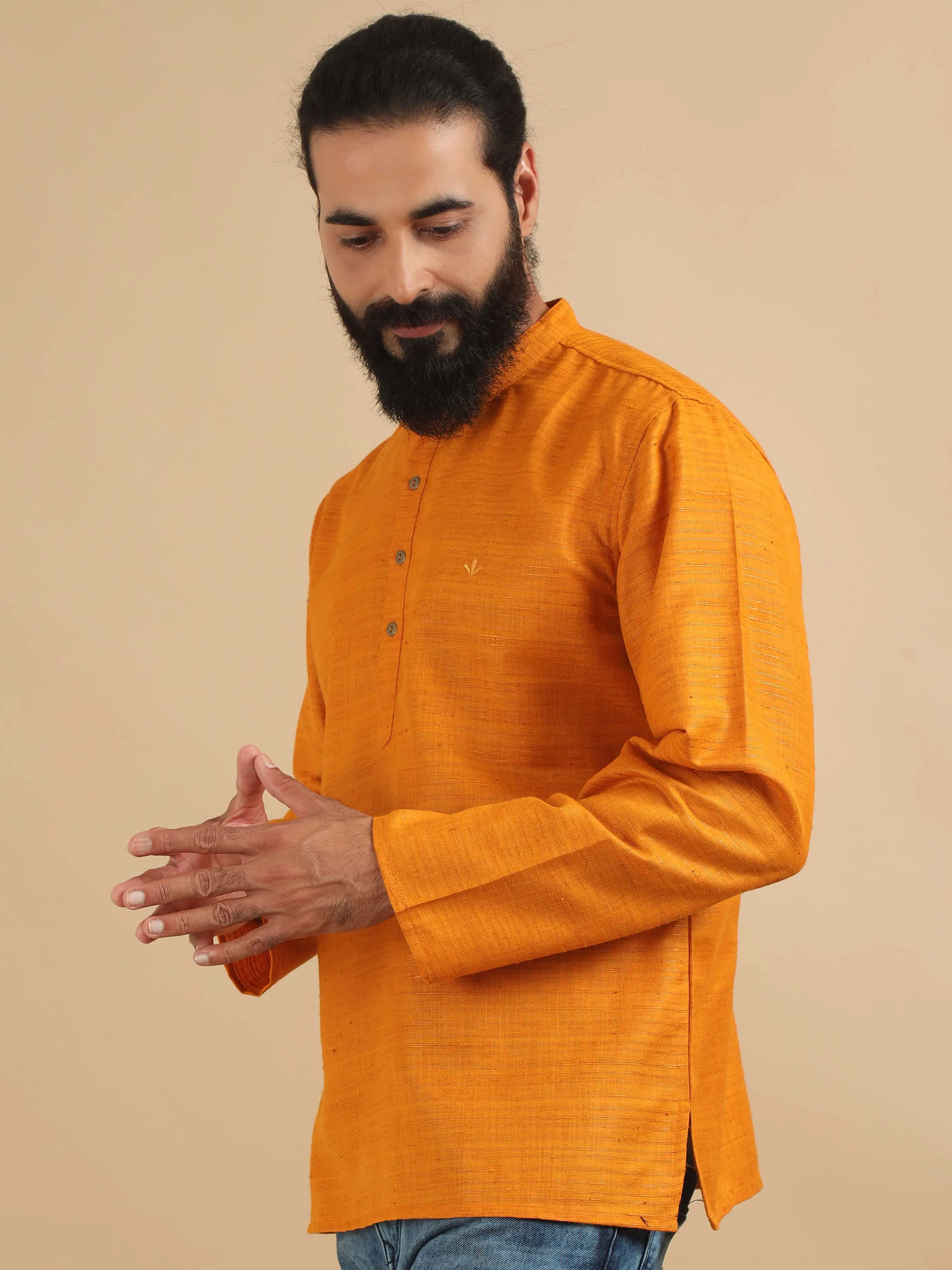 Golden Yellow Self Textured Short Kurta