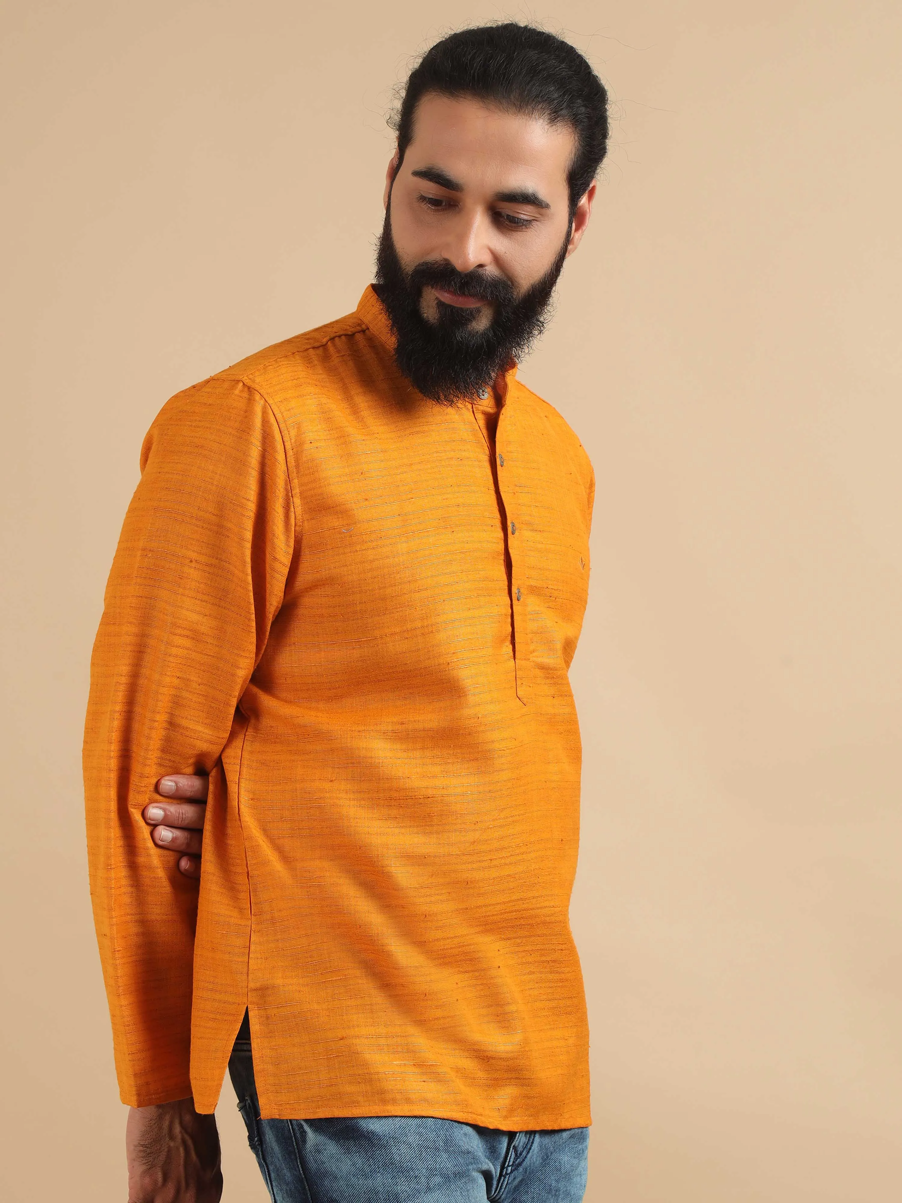 Golden Yellow Self Textured Short Kurta