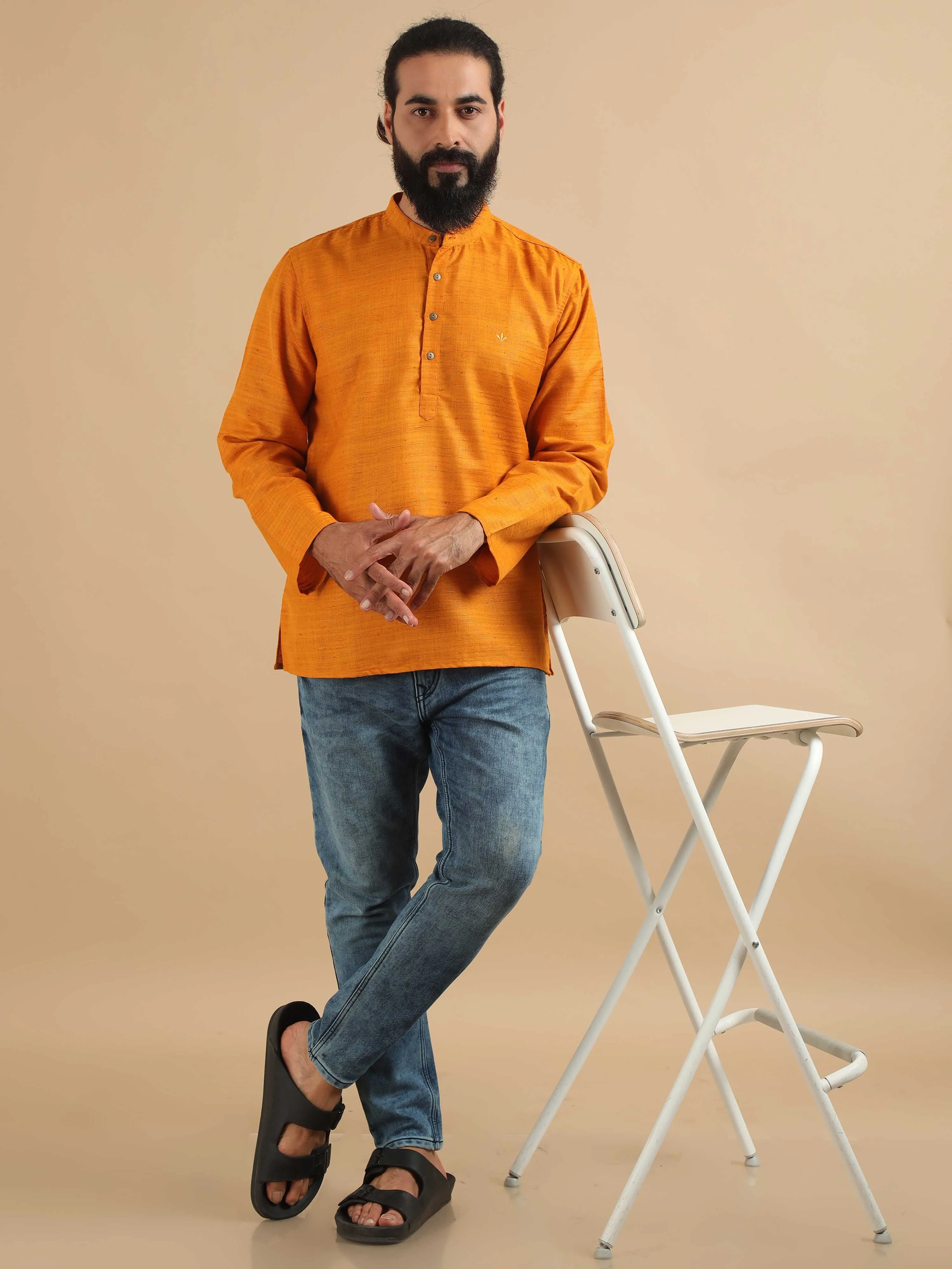 Golden Yellow Self Textured Short Kurta