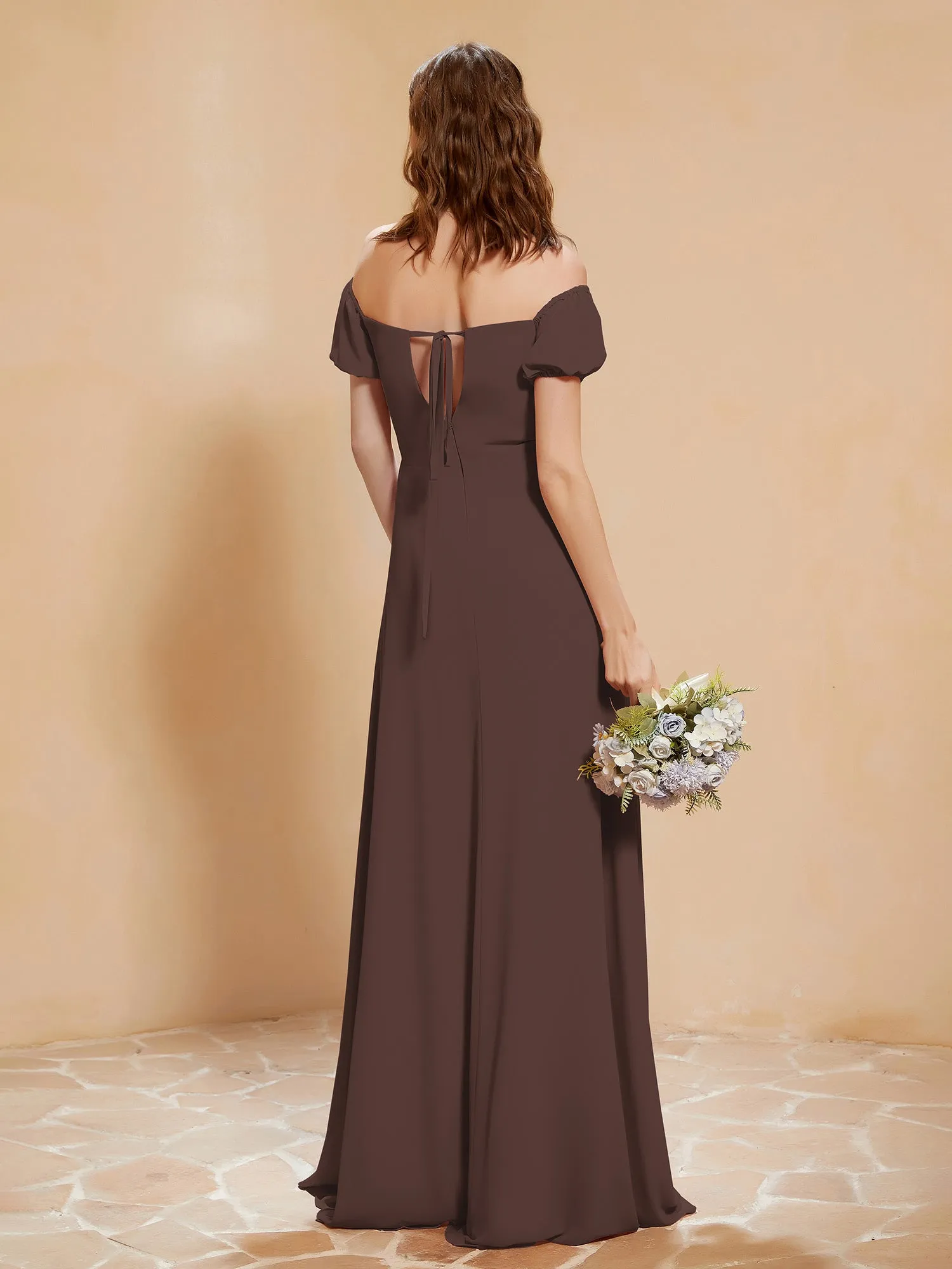 Half Sleeve Backless A-line Chiffon Dress Chocolate Plus Size