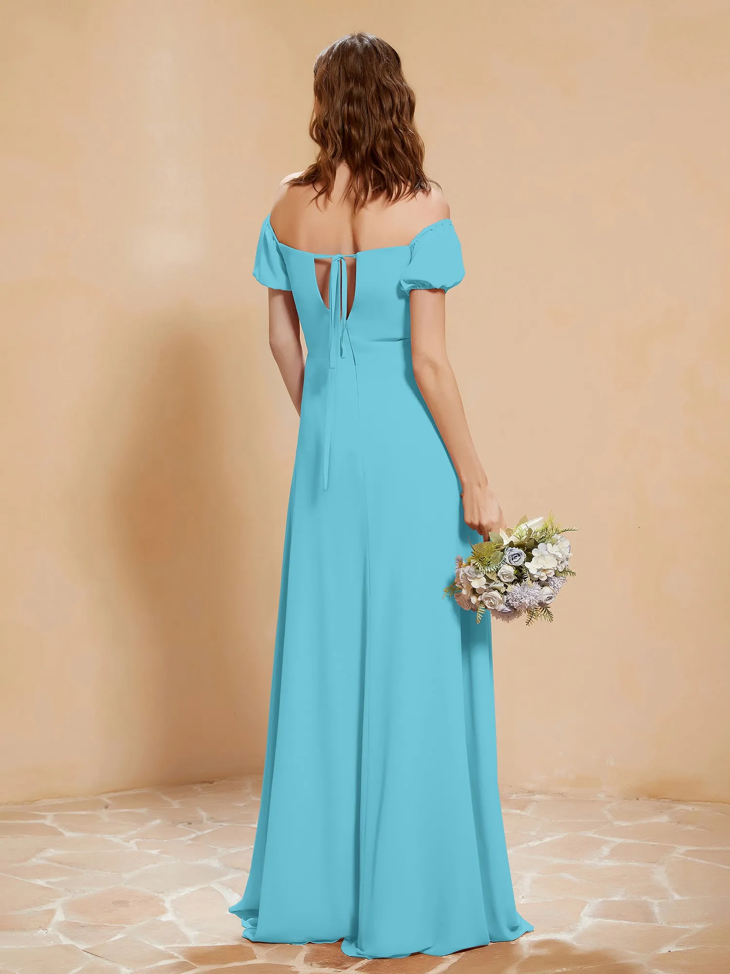 Half Sleeve Backless A-line Chiffon Dress Pool