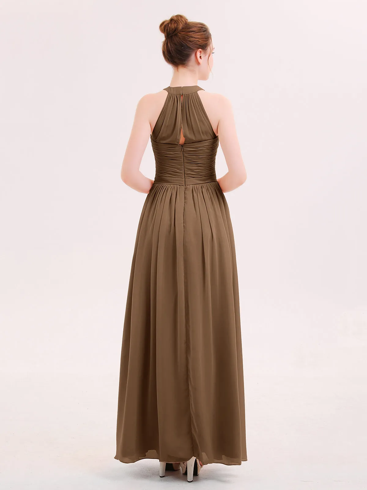 Halter Chiffon Long Bridesmaid Gown with Belt Brown Plus Size