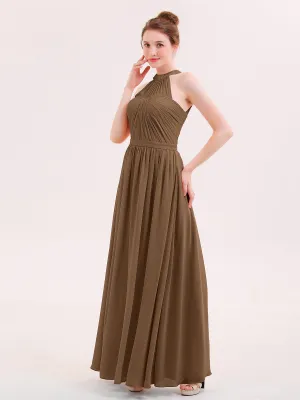 Halter Chiffon Long Bridesmaid Gown with Belt Brown Plus Size