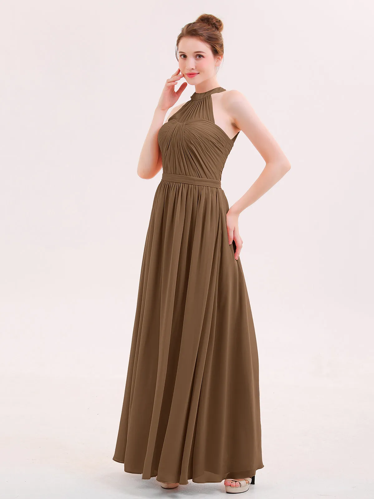 Halter Chiffon Long Bridesmaid Gown with Belt Brown Plus Size