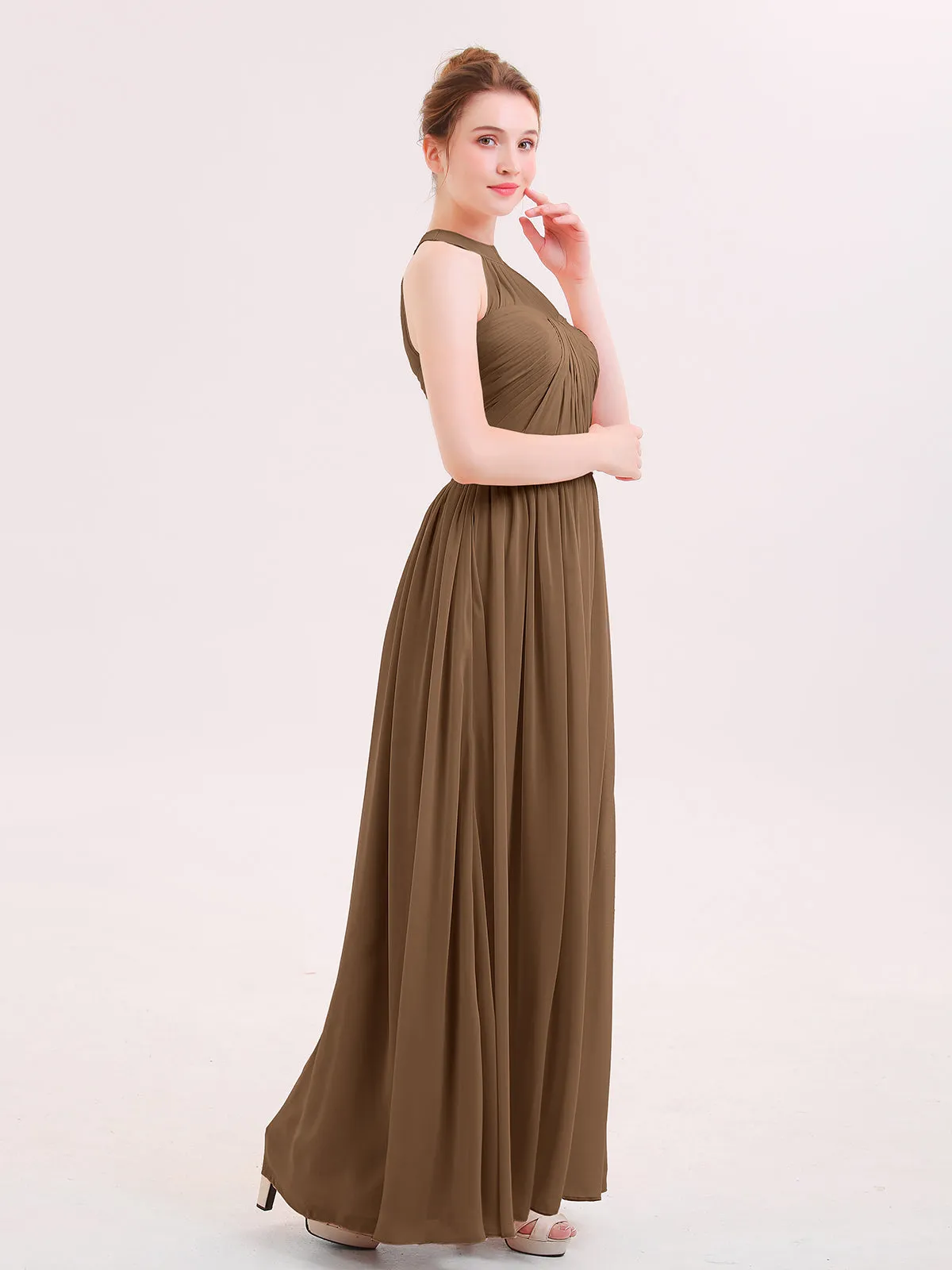 Halter Chiffon Long Bridesmaid Gown with Belt Brown Plus Size