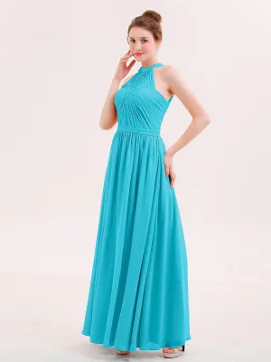 Halter Chiffon Long Bridesmaid Gown with Belt Jade Plus Size