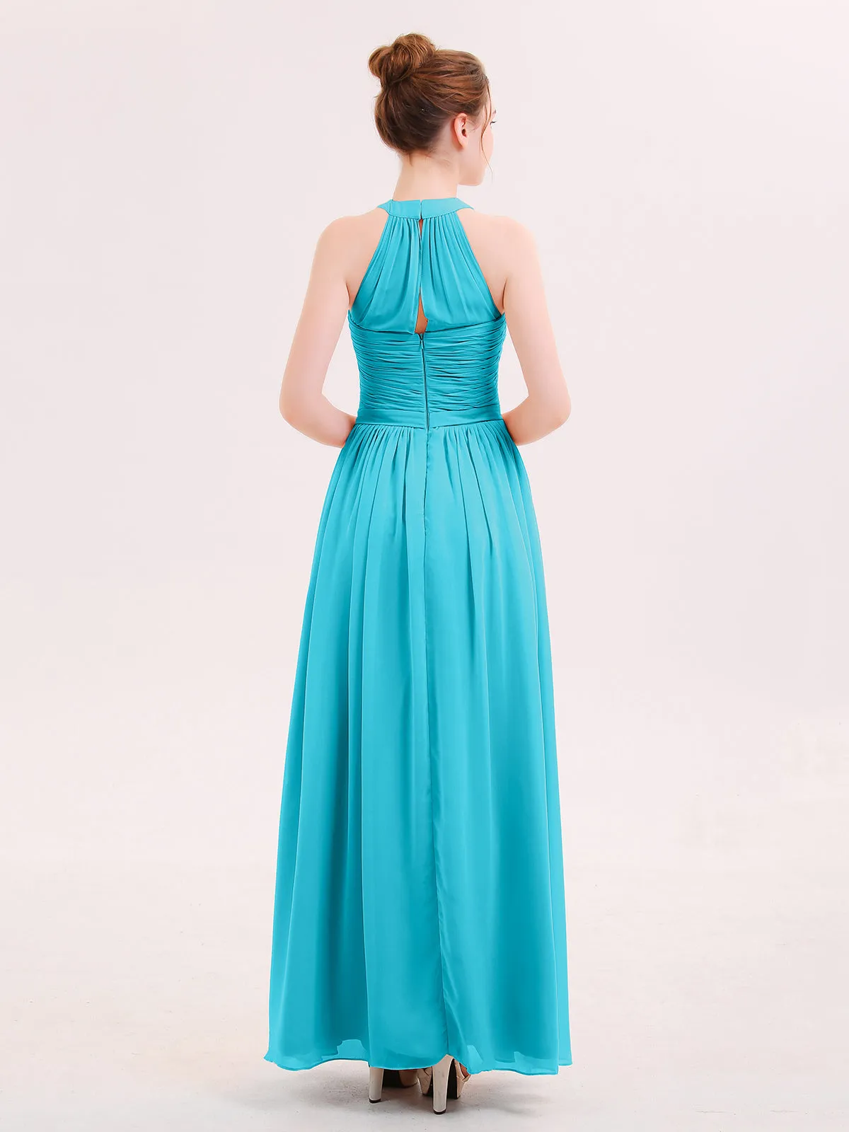 Halter Chiffon Long Bridesmaid Gown with Belt Jade
