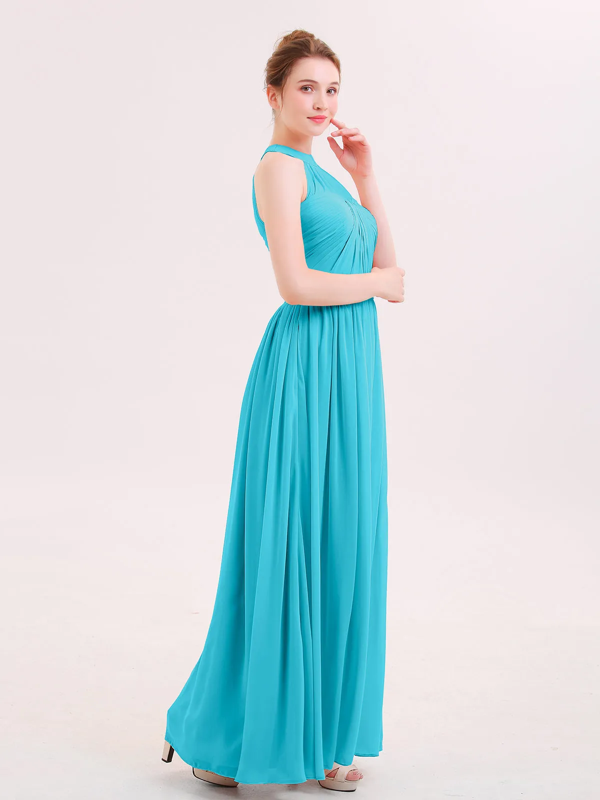 Halter Chiffon Long Bridesmaid Gown with Belt Jade